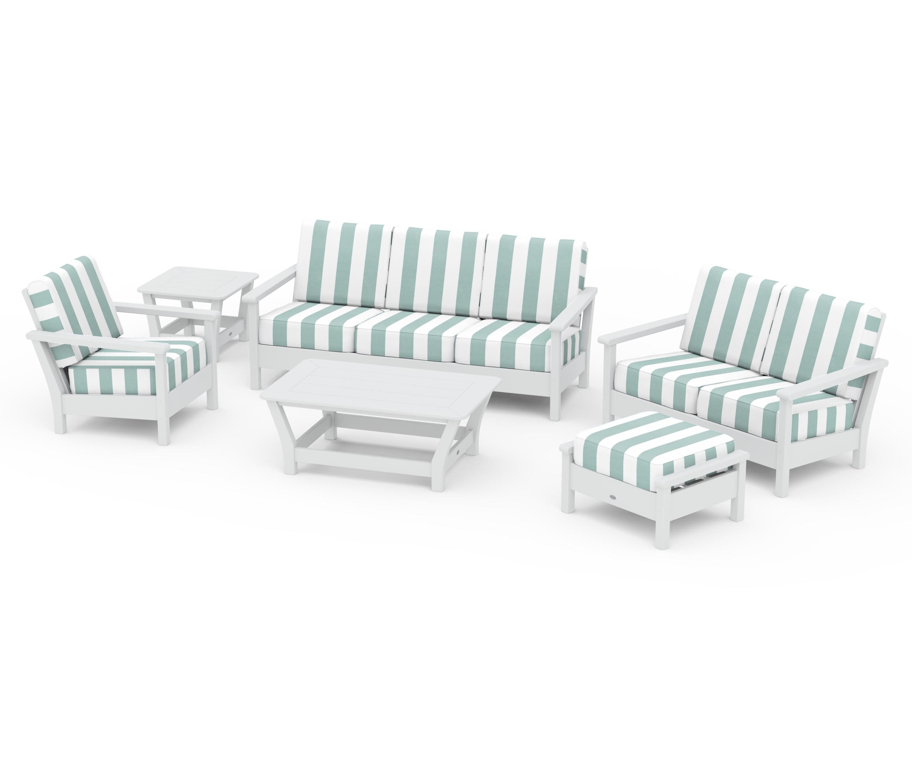 Harbour 6-Piece Outdoor Living Set in White / Cabana Stripe Glacier Spa