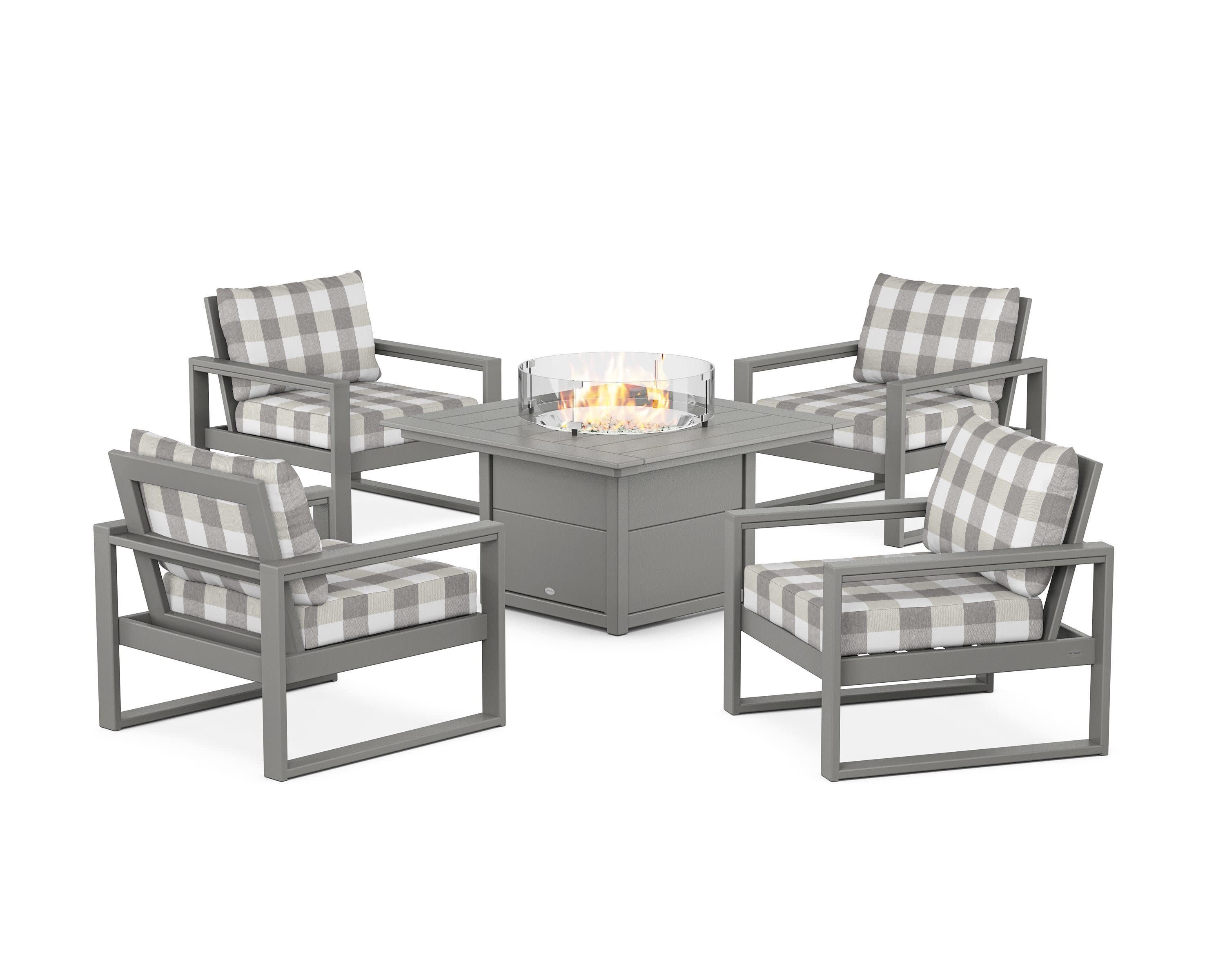 EDGE Sectional 5-Piece Deep Seating Set with Fire Pit Table in Slate Grey / Buffalo Plaid Grey Mist
