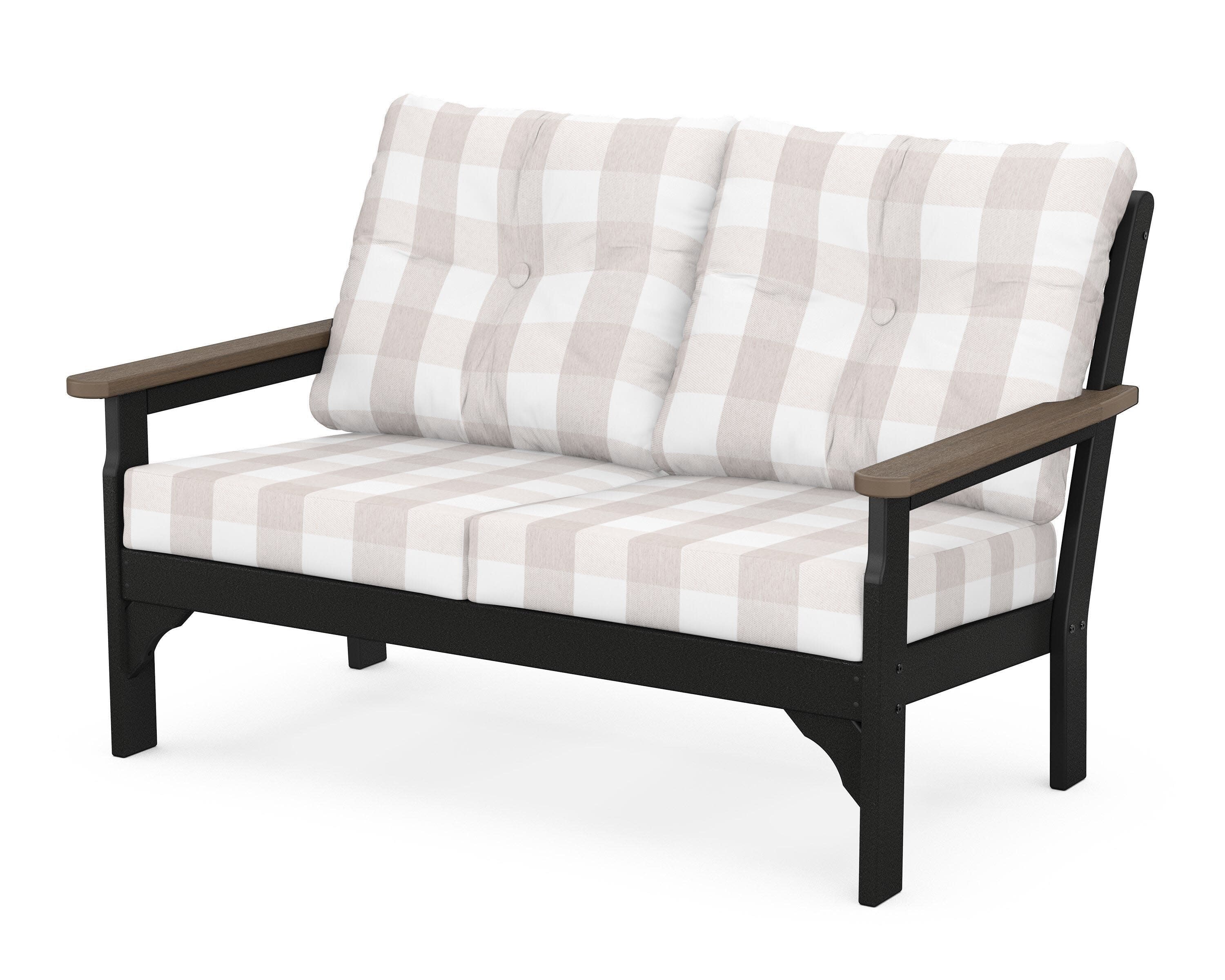 Vineyard Deep Seating Loveseat in Black / Kona / Buffalo Plaid Dune Burlap