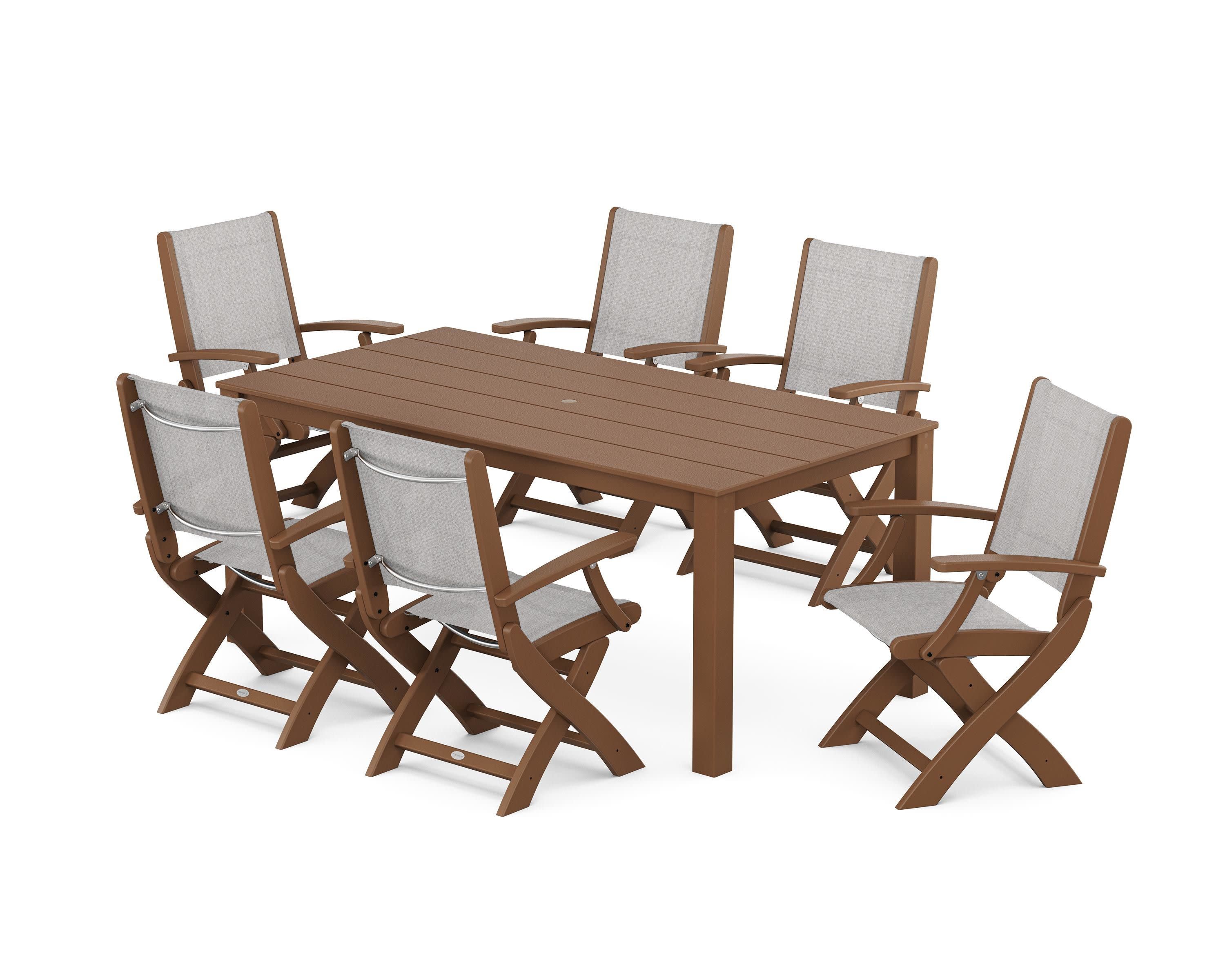 Coastal Folding Chair 7-Piece Parsons Dining Set in Teak / Parchment Sling
