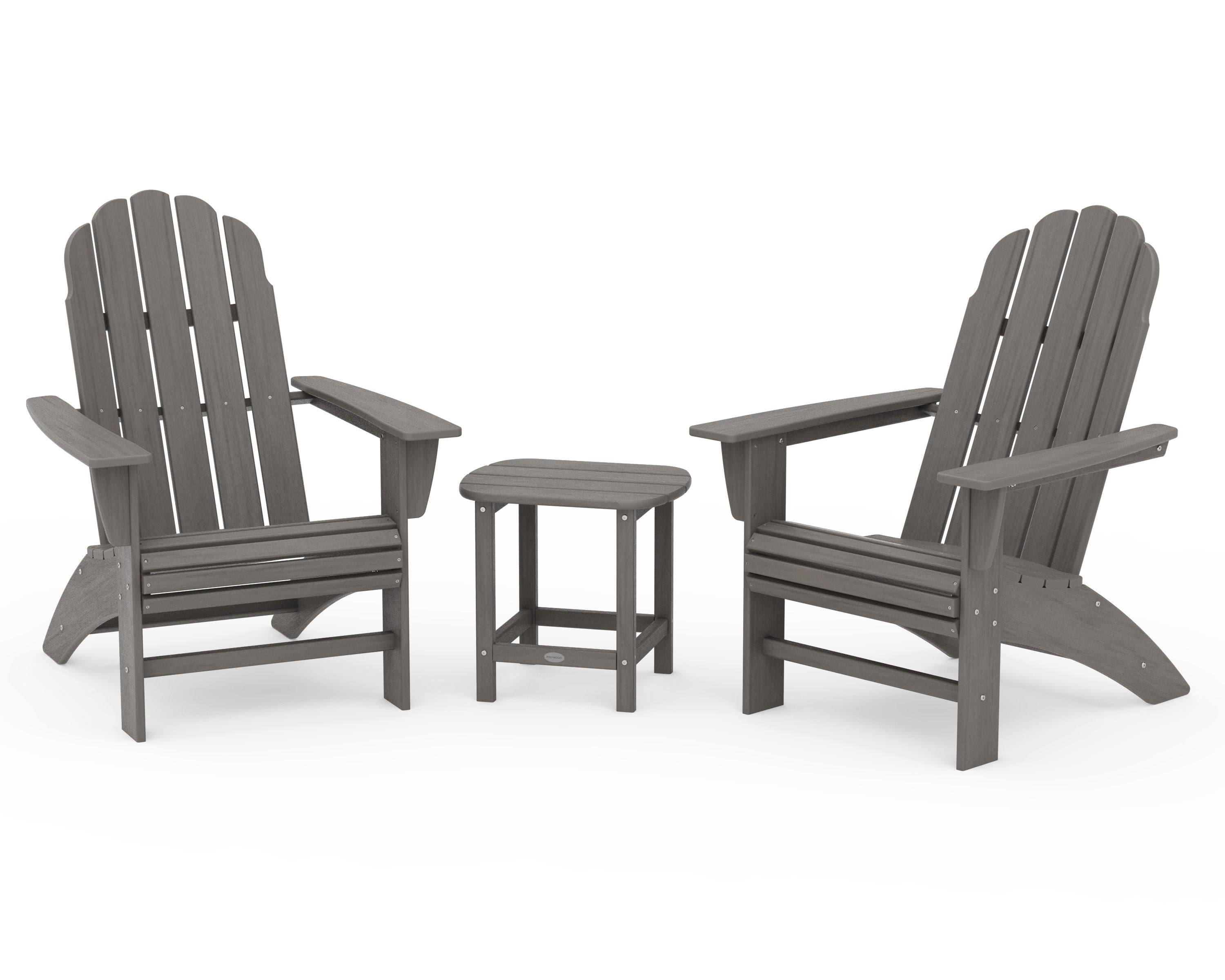 Vineyard 3-Piece Curveback Adirondack Set with South Beach 18" Side Table in Driftwood