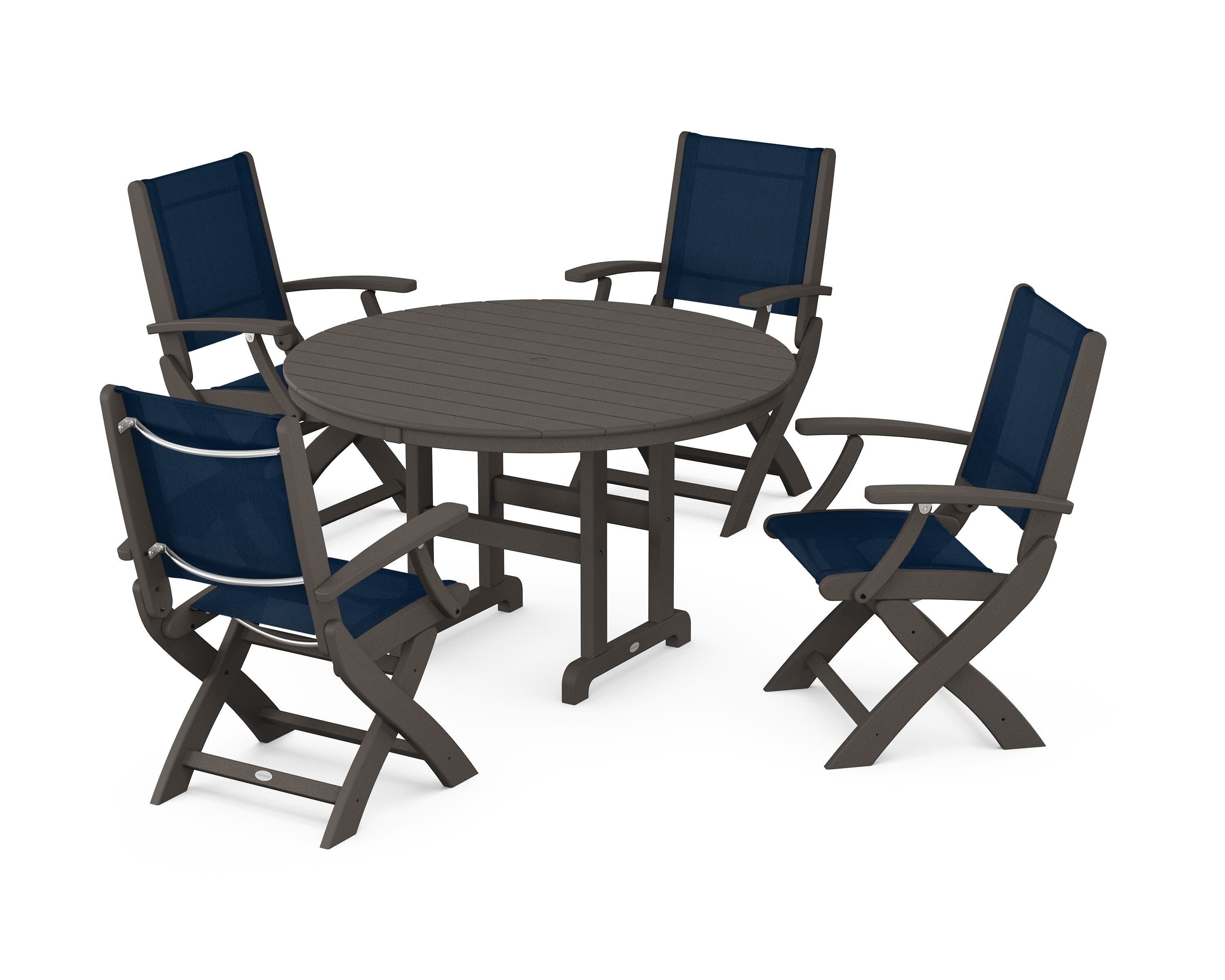 Coastal Folding Chair 5-Piece Round Dining Set in Vintage Coffee / Navy Blue Sling