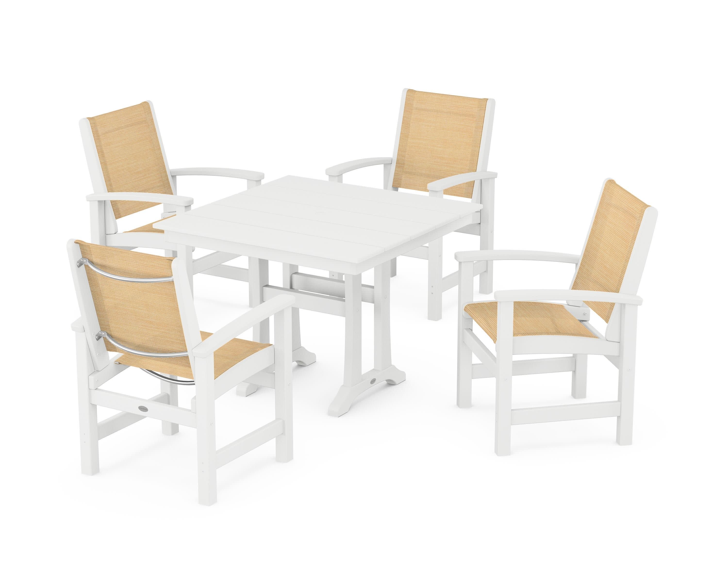 Coastal 5-Piece Farmhouse Dining Set With Trestle Legs in White / Dupioni Apricot Sling