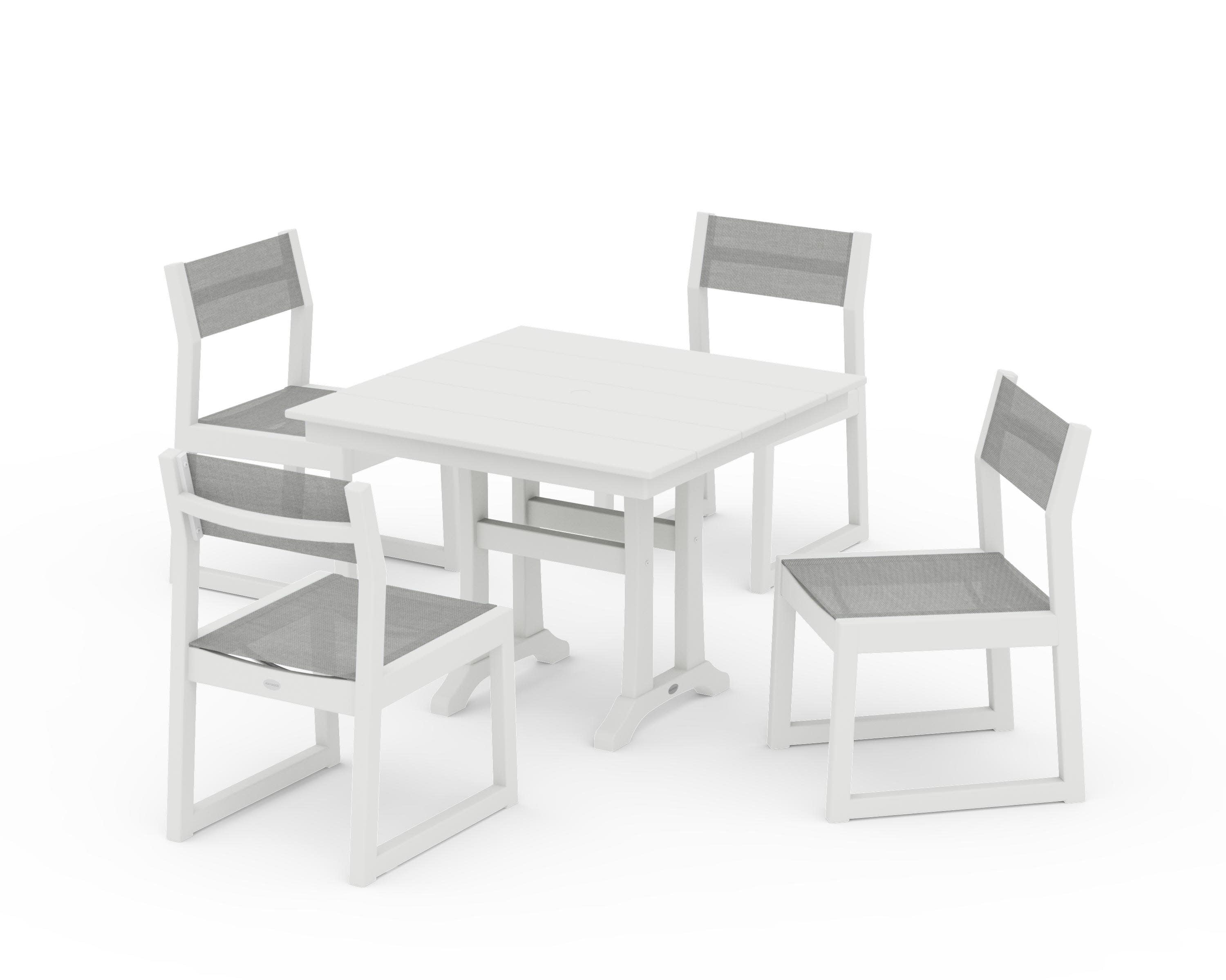 EDGE Sling 5-Piece Farmhouse Trestle Side Chair Dining Set in Vintage White / Metallic Sling