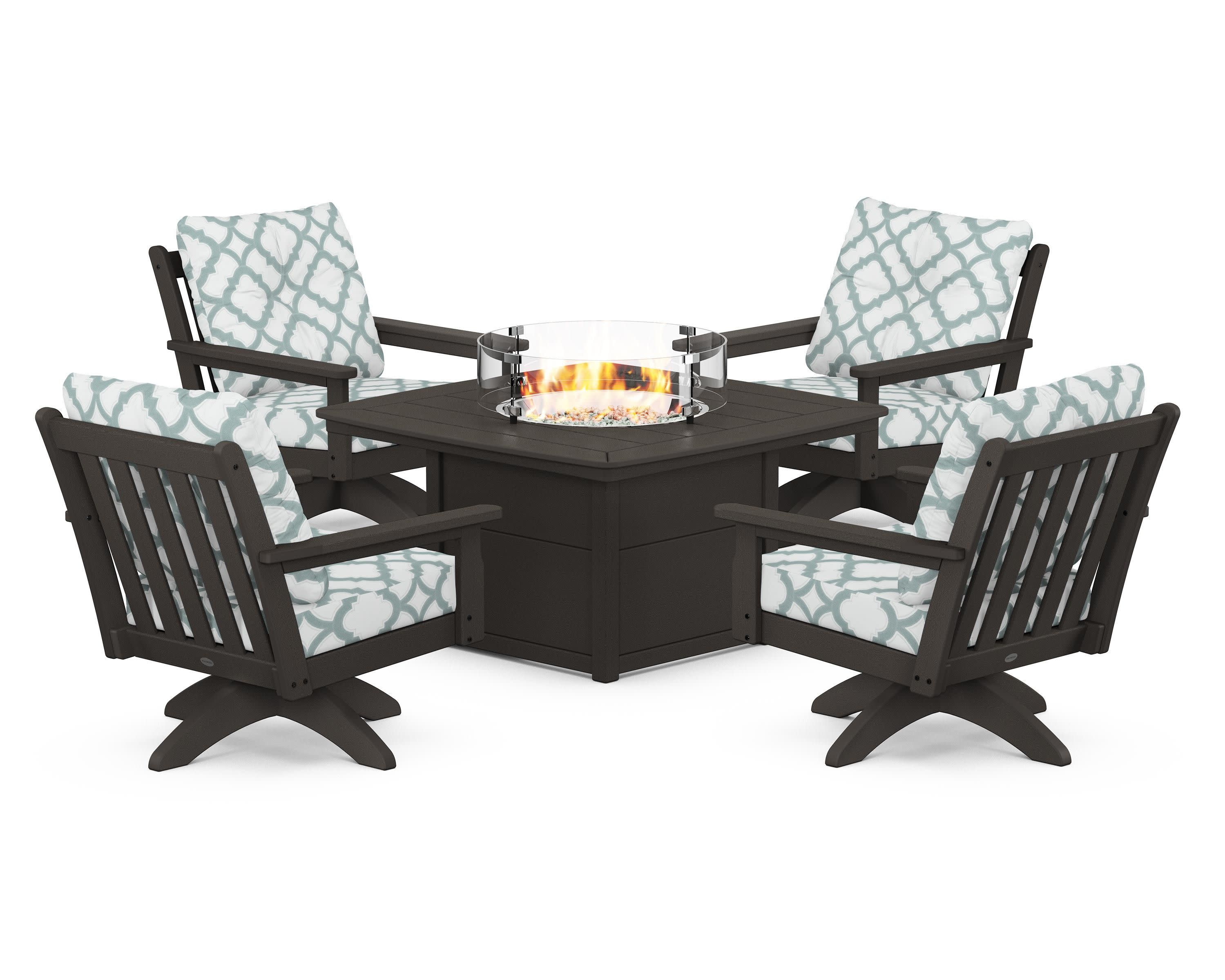 Vineyard 5-Piece Deep Seating Swivel Conversation Set with Fire Pit Table in Vintage Coffee / Trellis Glacier Spa