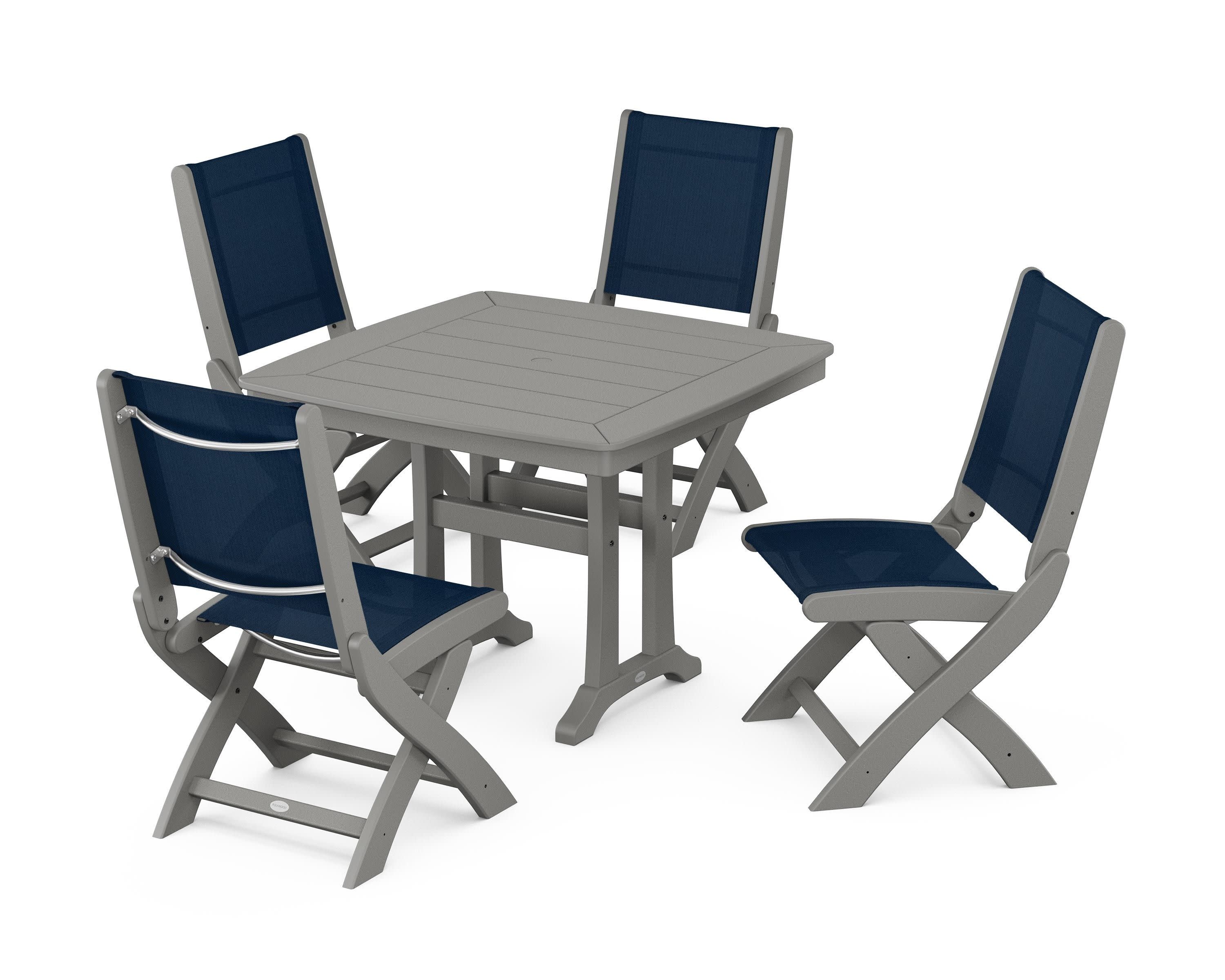 Coastal Folding Side Chair 5-Piece Dining Set with Trestle Legs in Slate Grey / Navy Blue Sling