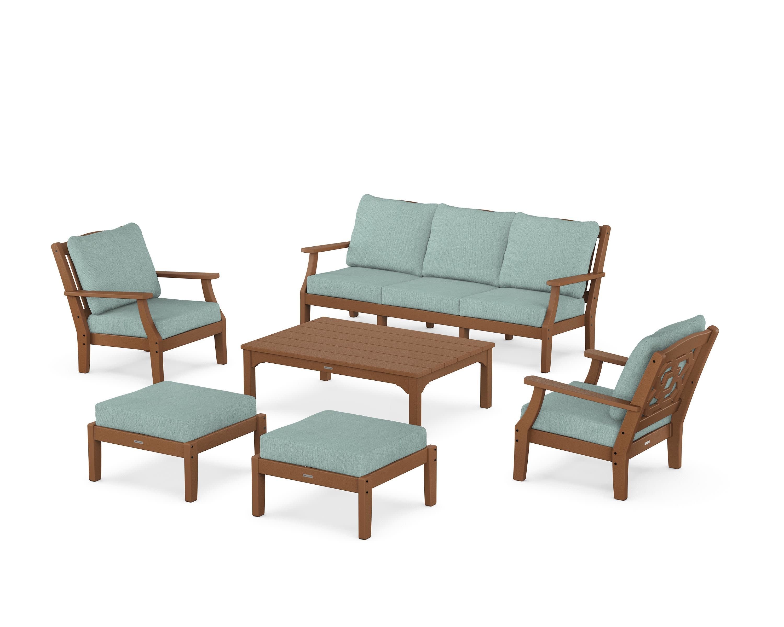 Chinoiserie 6-Piece Lounge Sofa Set in Teak / Glacier Spa