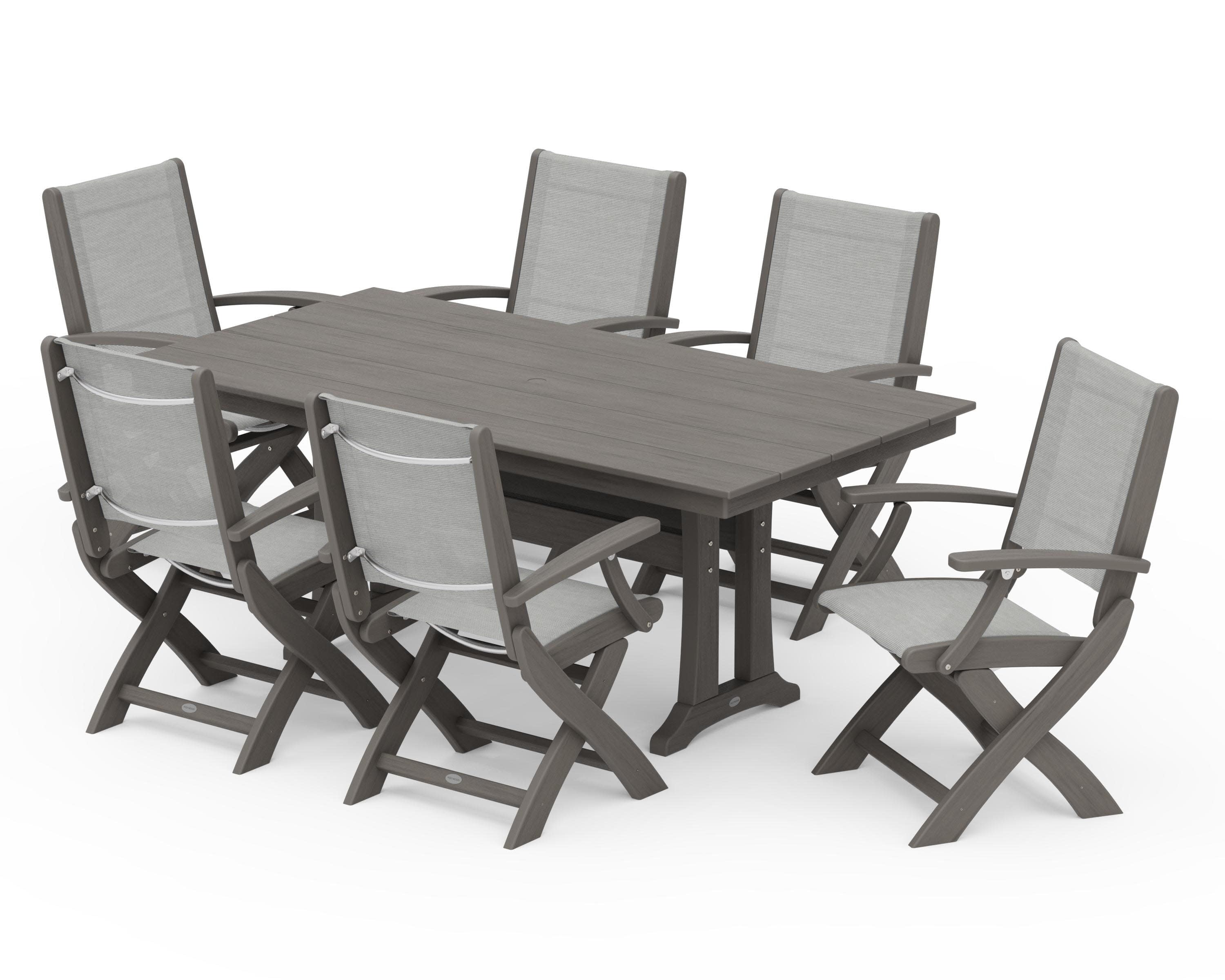 Coastal Folding Arm Chair 7-Piece Farmhouse Dining Set with Trestle Legs in Driftwood / Metallic Sling