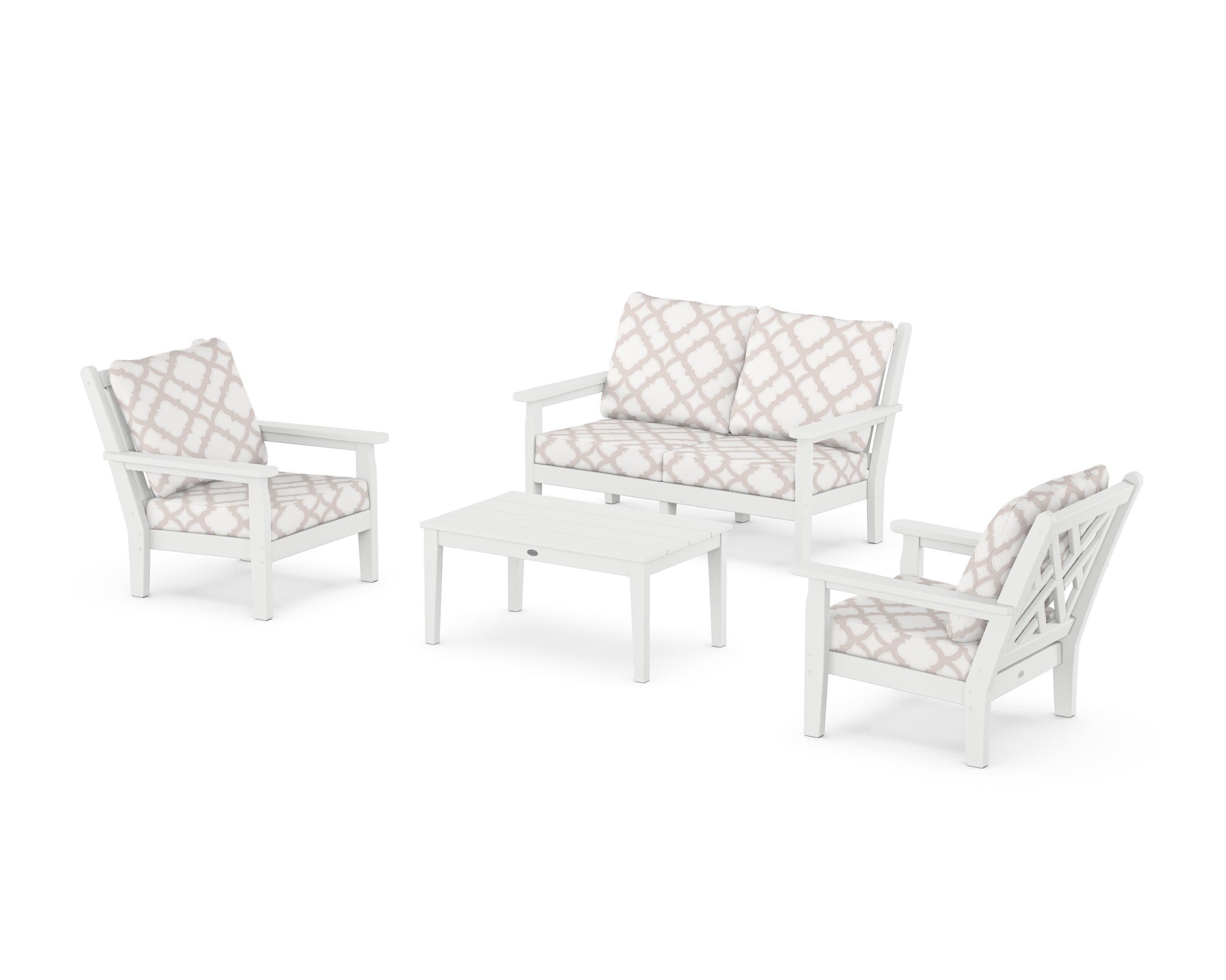 Chippendale 4-Piece Deep Seating Set with Loveseat in White / Trellis Dune Burlap