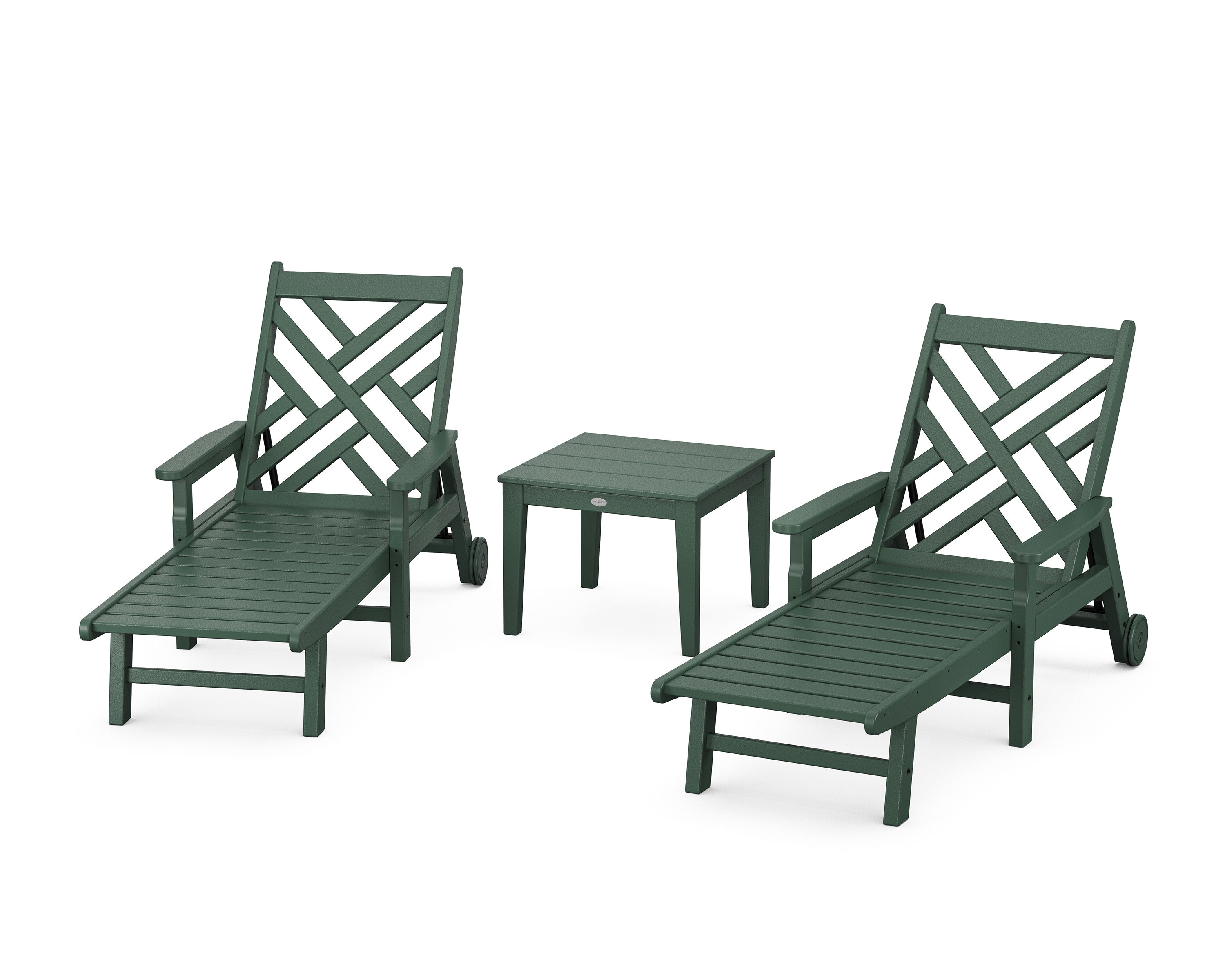 Chippendale 3-Piece Chaise Set with Arms and Wheels in Green
