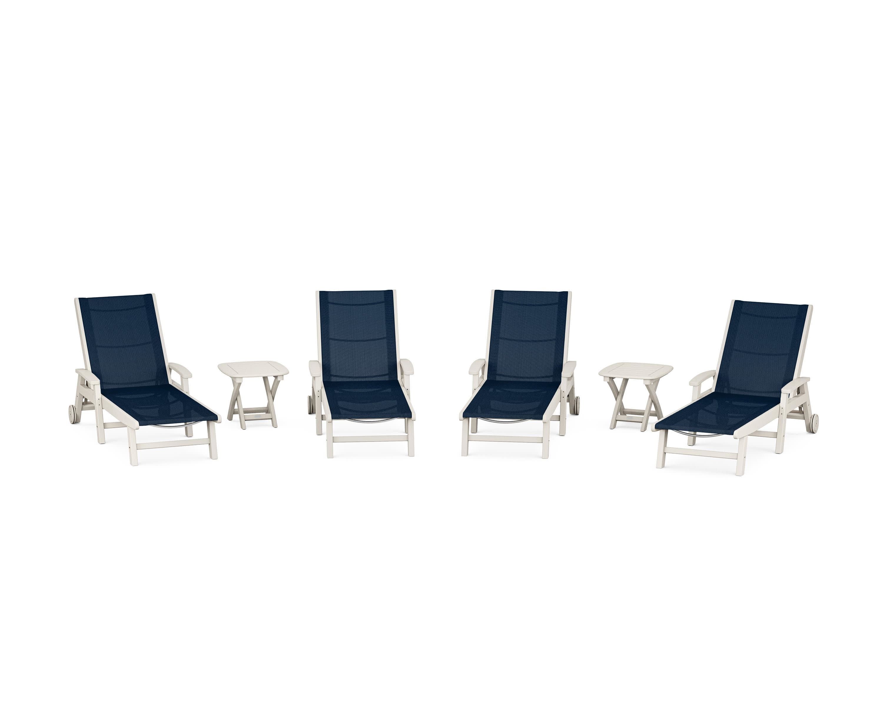 Coastal Chaise 6-Piece Set with Wheels in Sand / Navy Blue Sling