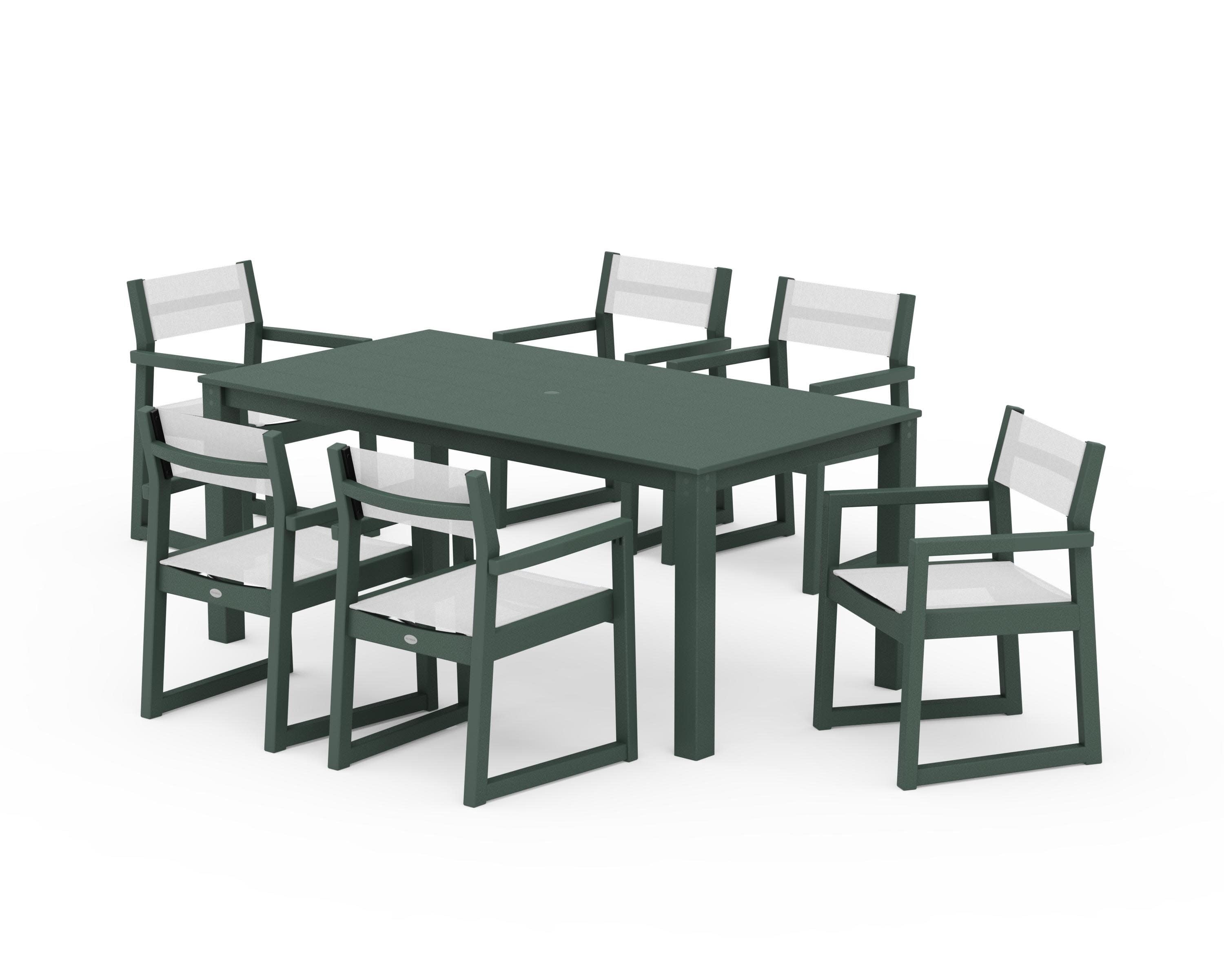 EDGE Sling Arm Chair 7-Piece Parsons Dining Set in Green / White Sling