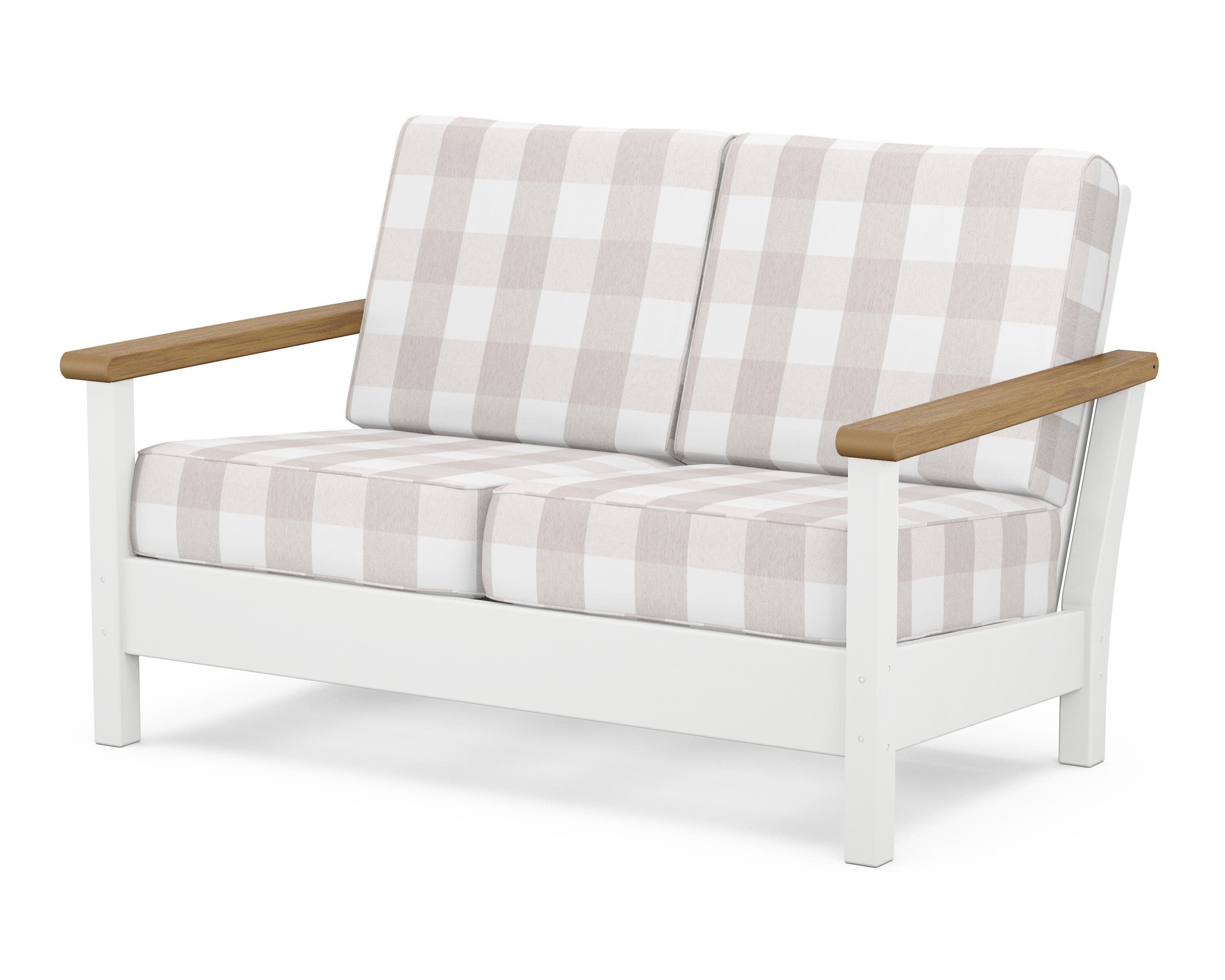 Harbour Deep Seating Loveseat in White / Natural / Buffalo Plaid Dune Burlap