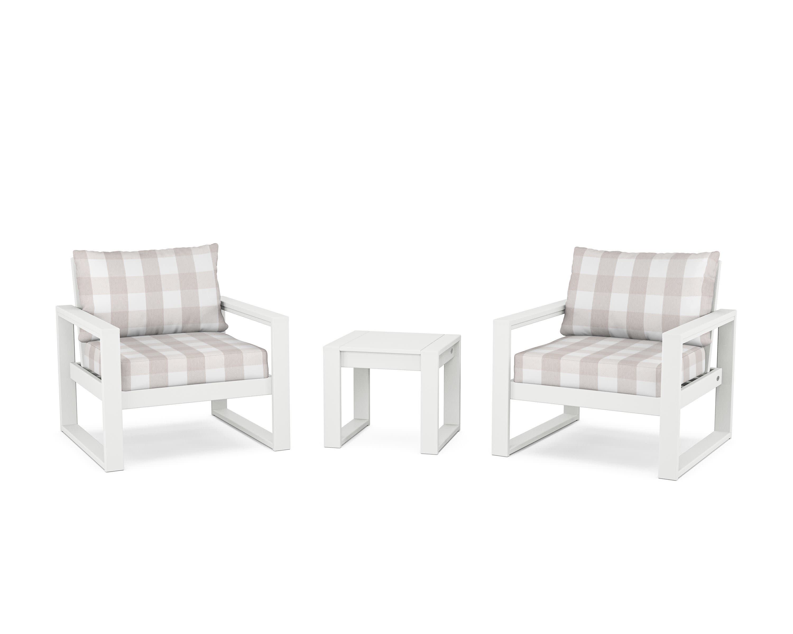 EDGE Sectional 3-Piece Deep Seating Set in White / Buffalo Plaid Dune Burlap