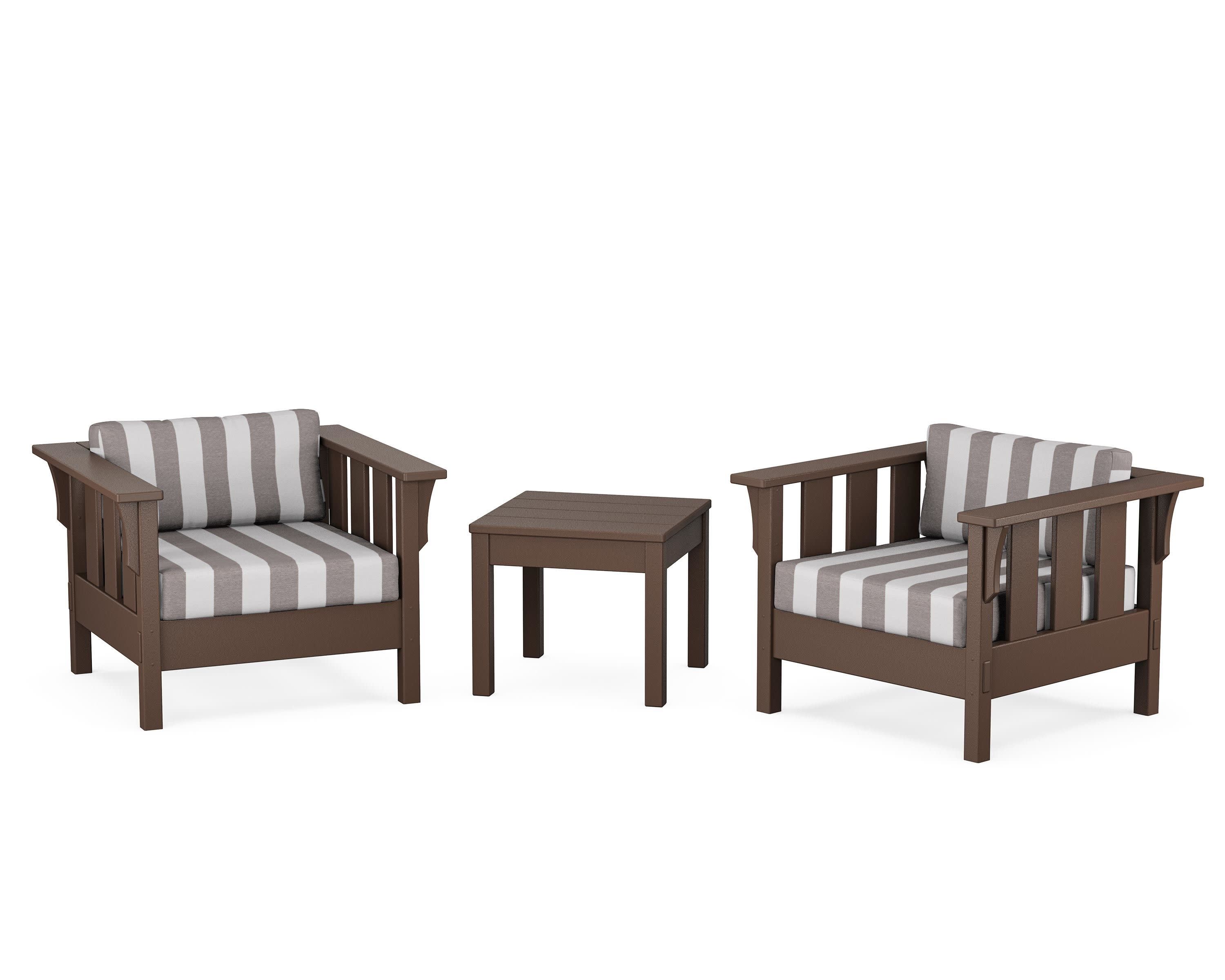 Acadia 3-Piece Deep Seating Set in Mahogany / Cabana Stripe Grey Mist