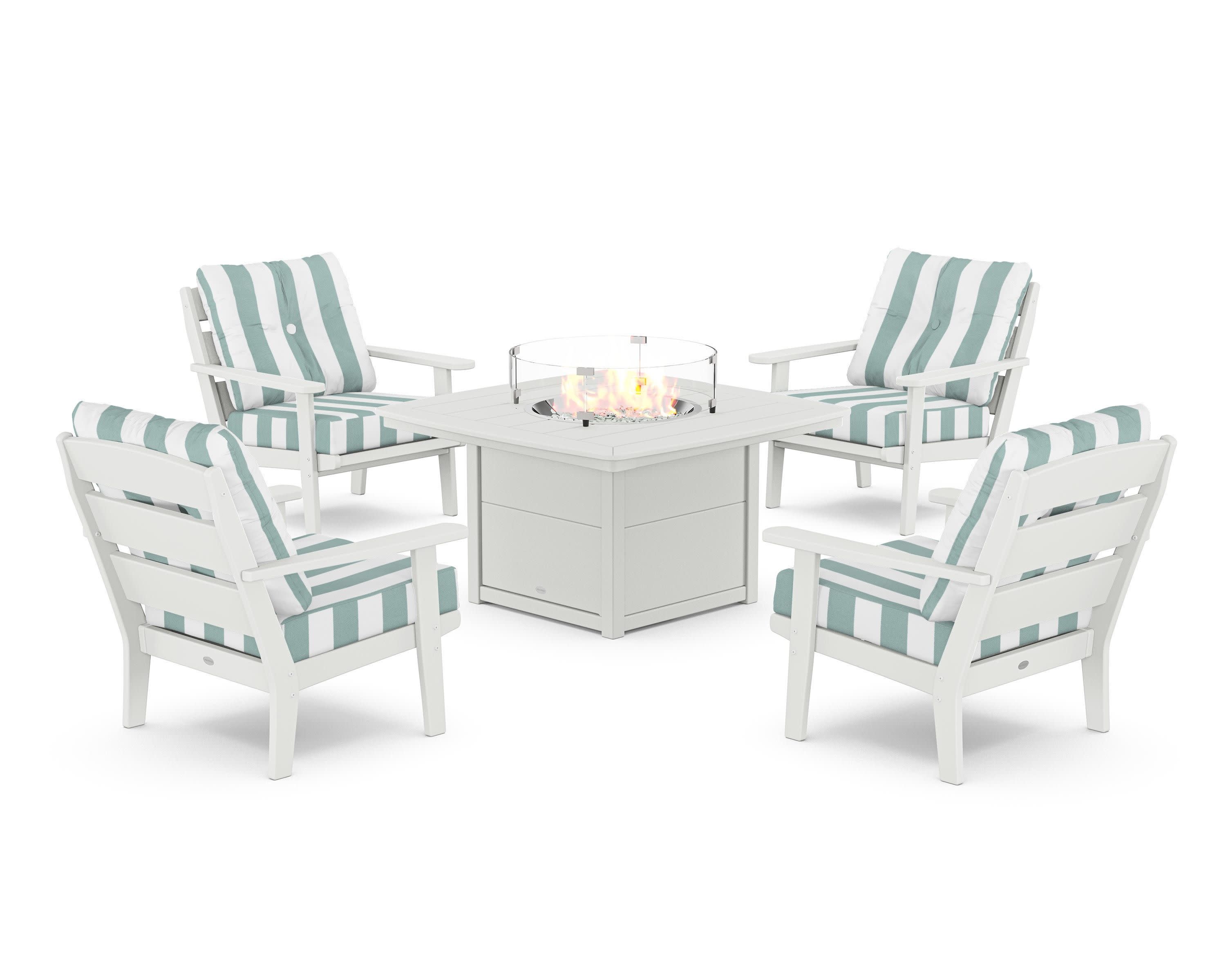 Lakeside 5-Piece Deep Seating Set with Nautical Fire Pit Table in White / Cabana Stripe Glacier Spa