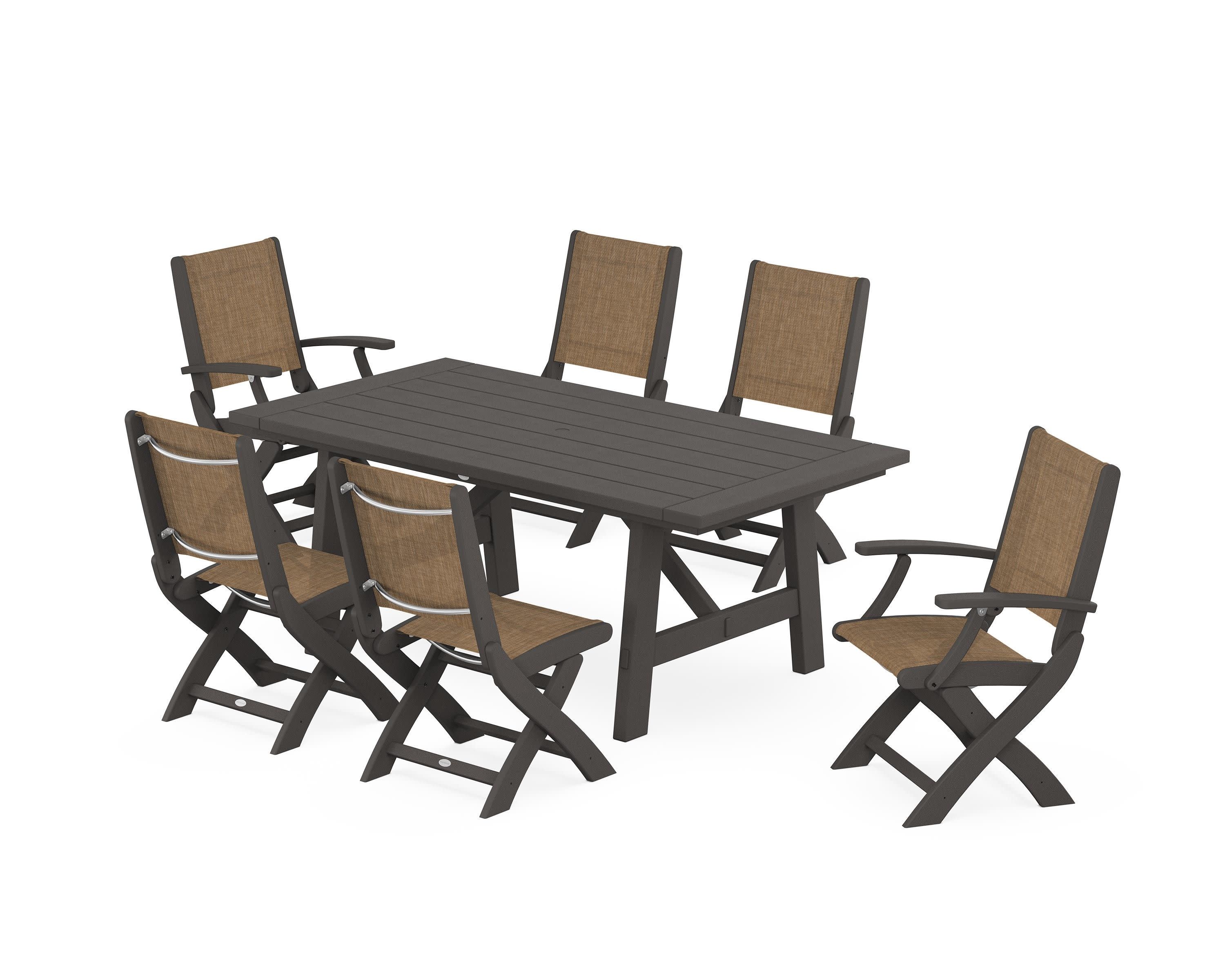 Coastal Folding Chair 7-Piece Rustic Farmhouse Dining Set in Vintage Coffee / Burlap Sling