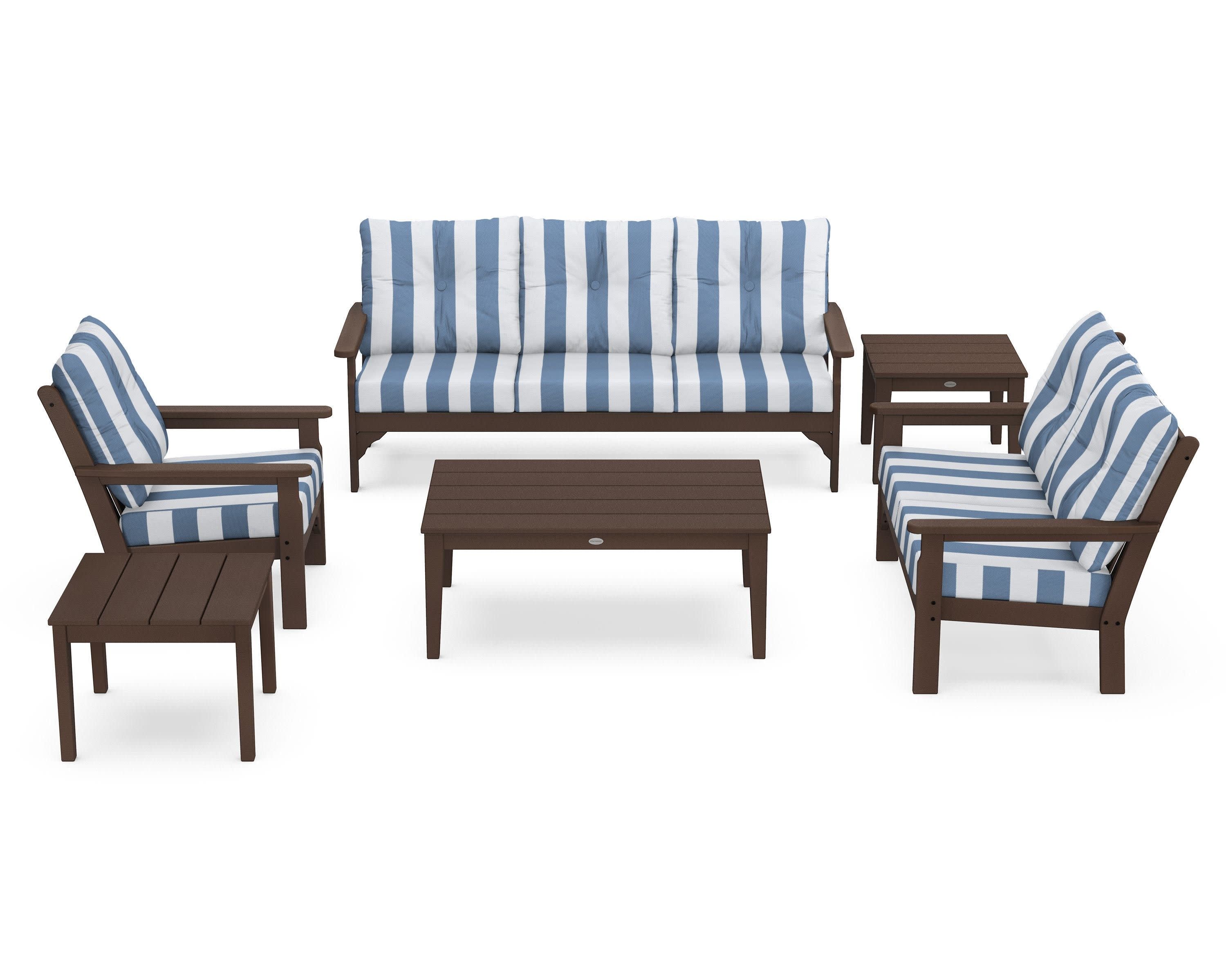 Vineyard 6-Piece Deep Seating Set in Mahogany / Cabana Stripe Sky Blue