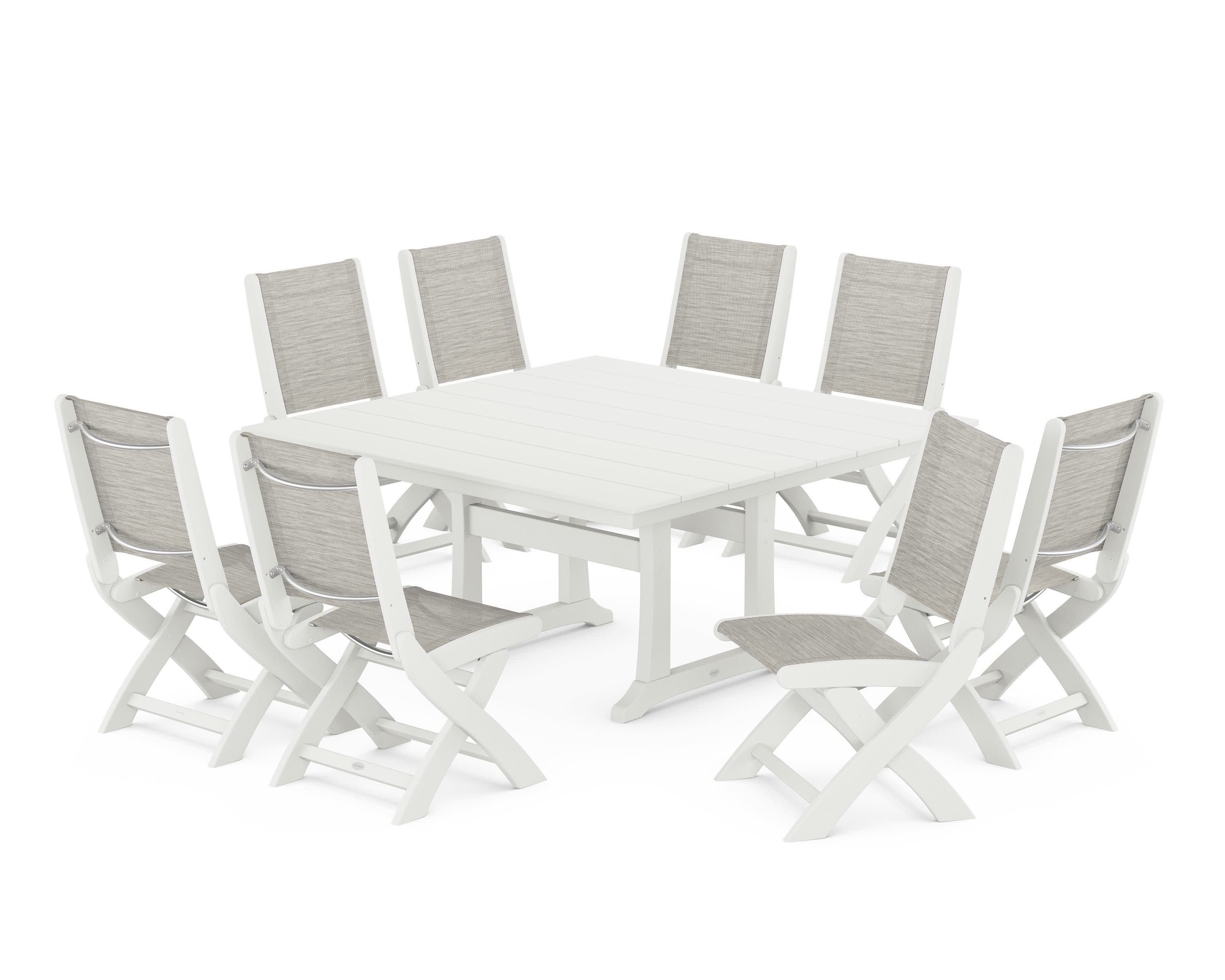 Coastal Folding Side Chair 9-Piece Farmhouse Dining Set in Vintage White / Birch Sling