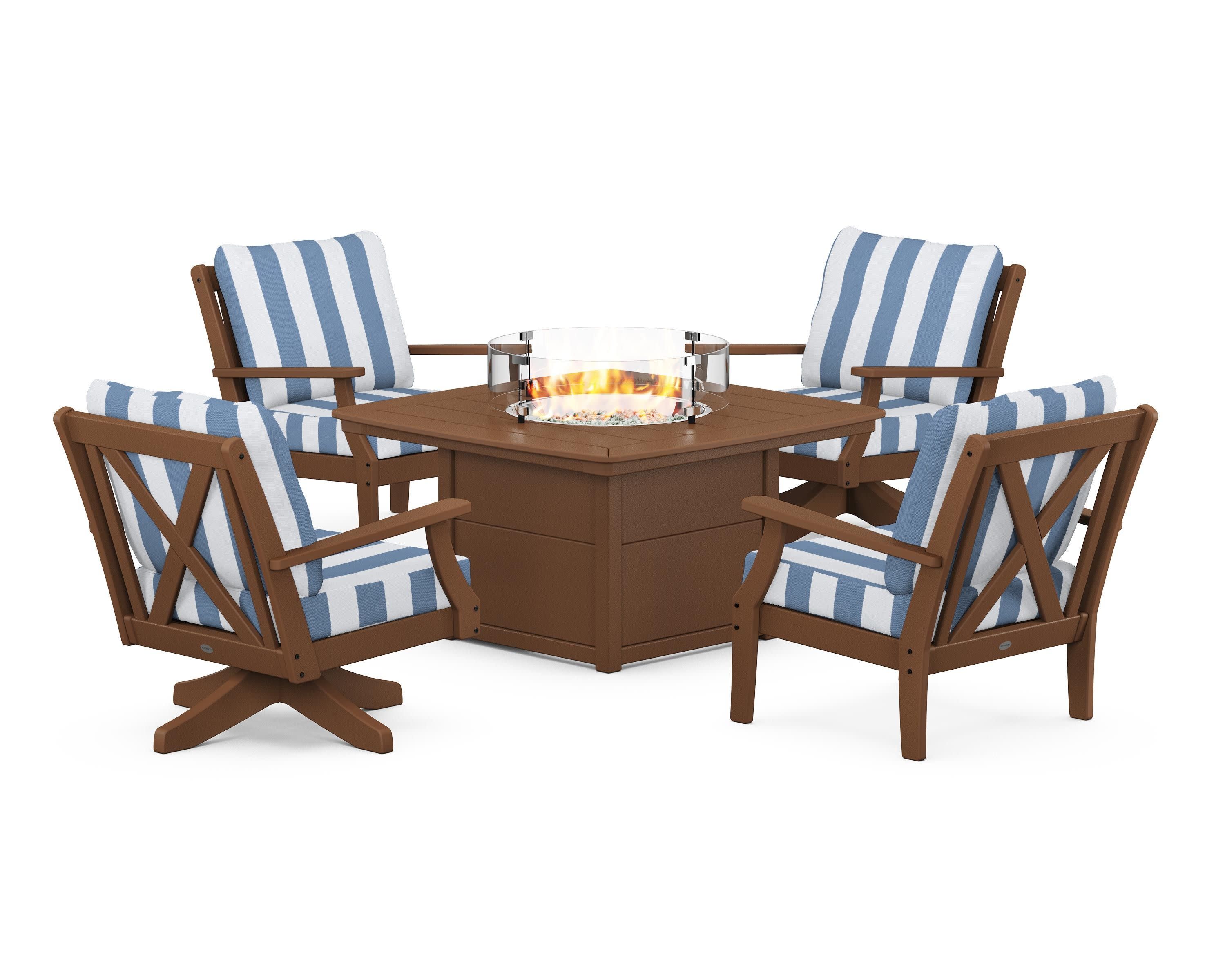 Braxton 5-Piece Deep Seating Set with Fire Table in Teak / Cabana Stripe Sky Blue