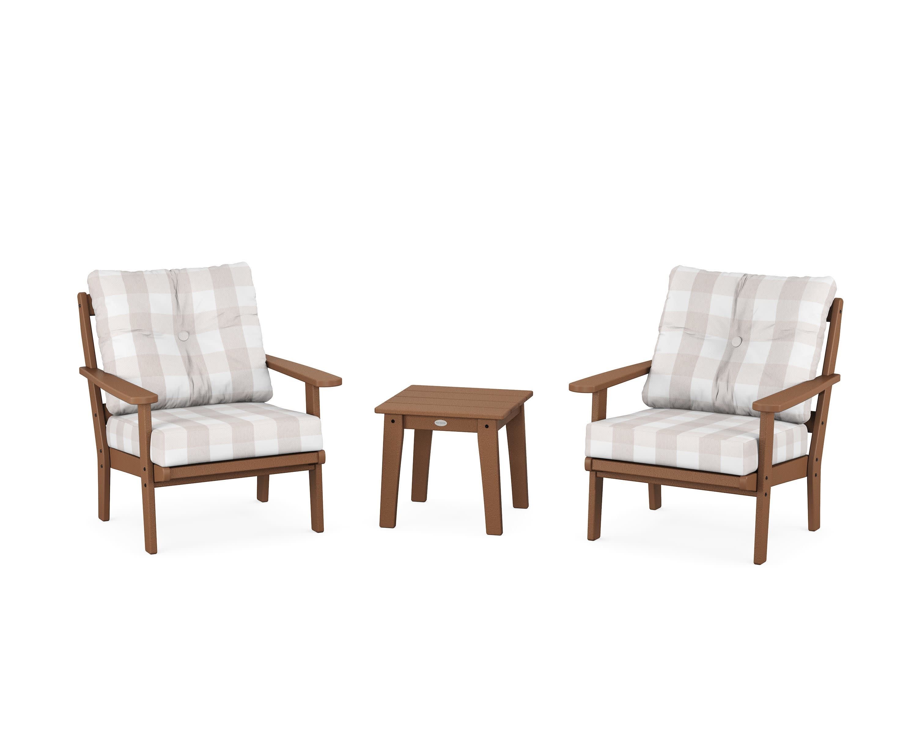 Mission 3-Piece Deep Seating Set in Teak / Buffalo Plaid Dune Burlap