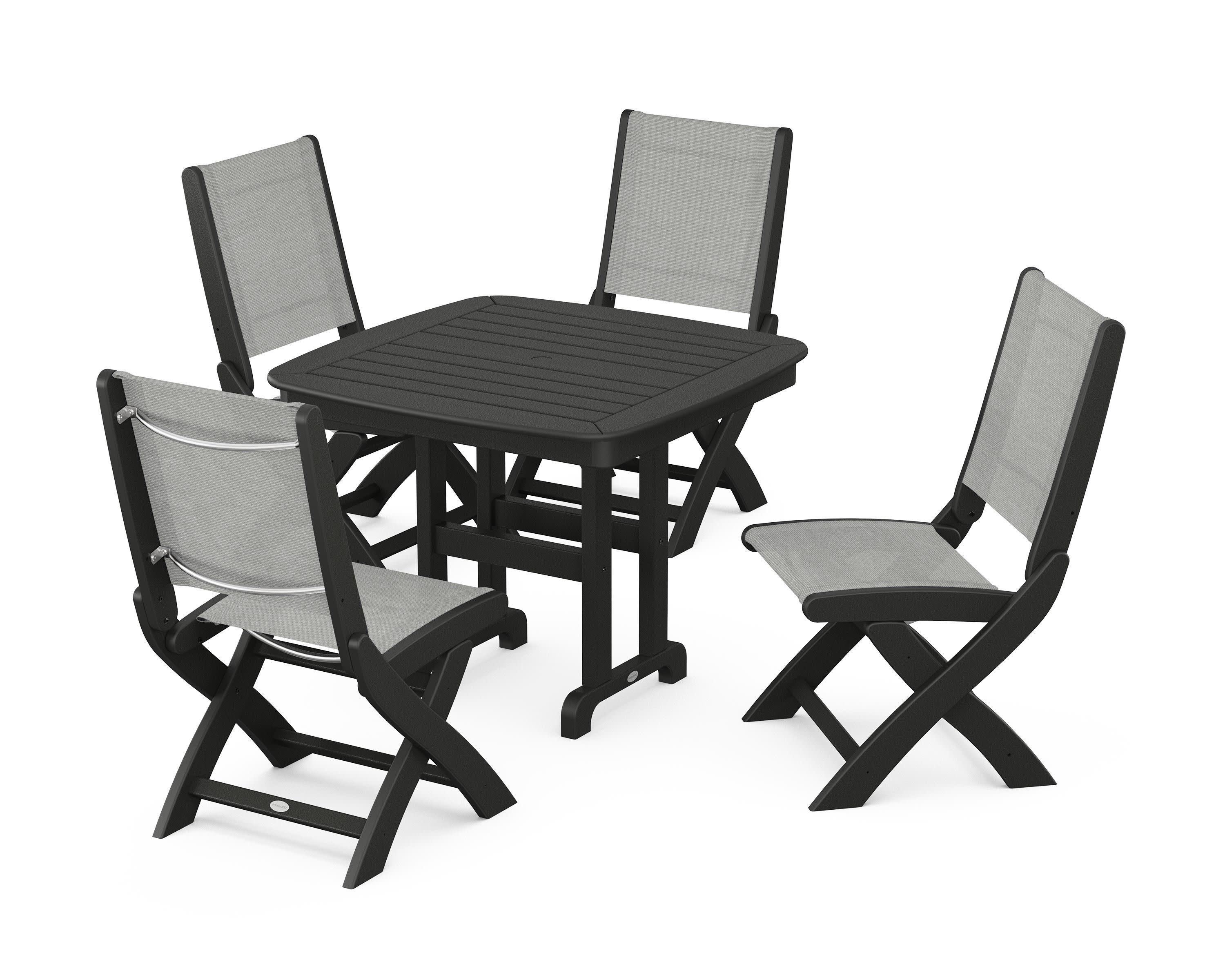 Coastal Folding Side Chair 5-Piece Dining Set in Black / Metallic Sling
