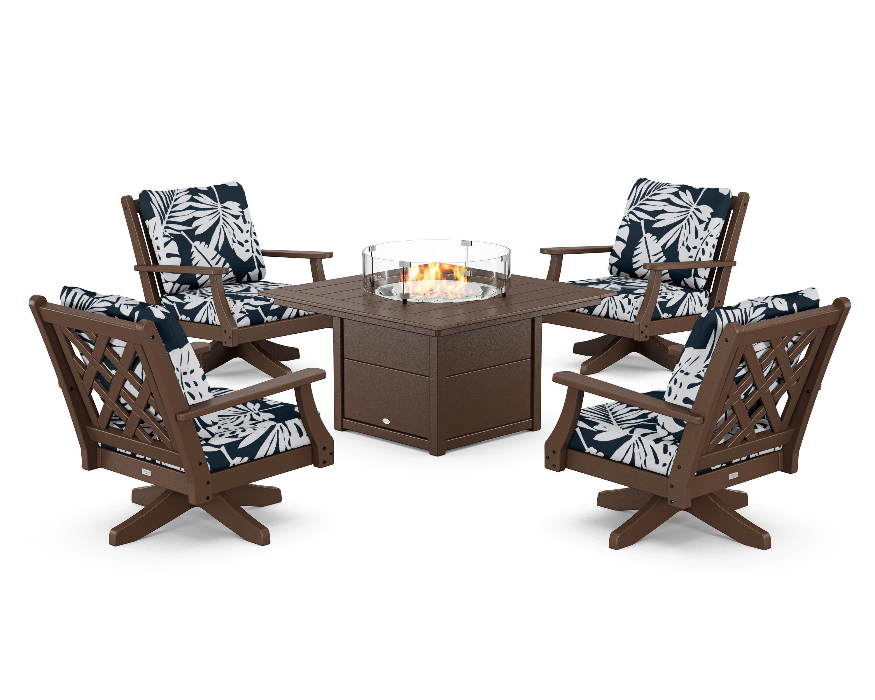Wovendale 5-Piece Deep Seating Swivel Conversation Set with Fire Pit Table in Mahogany / Leaf Marine Indigo