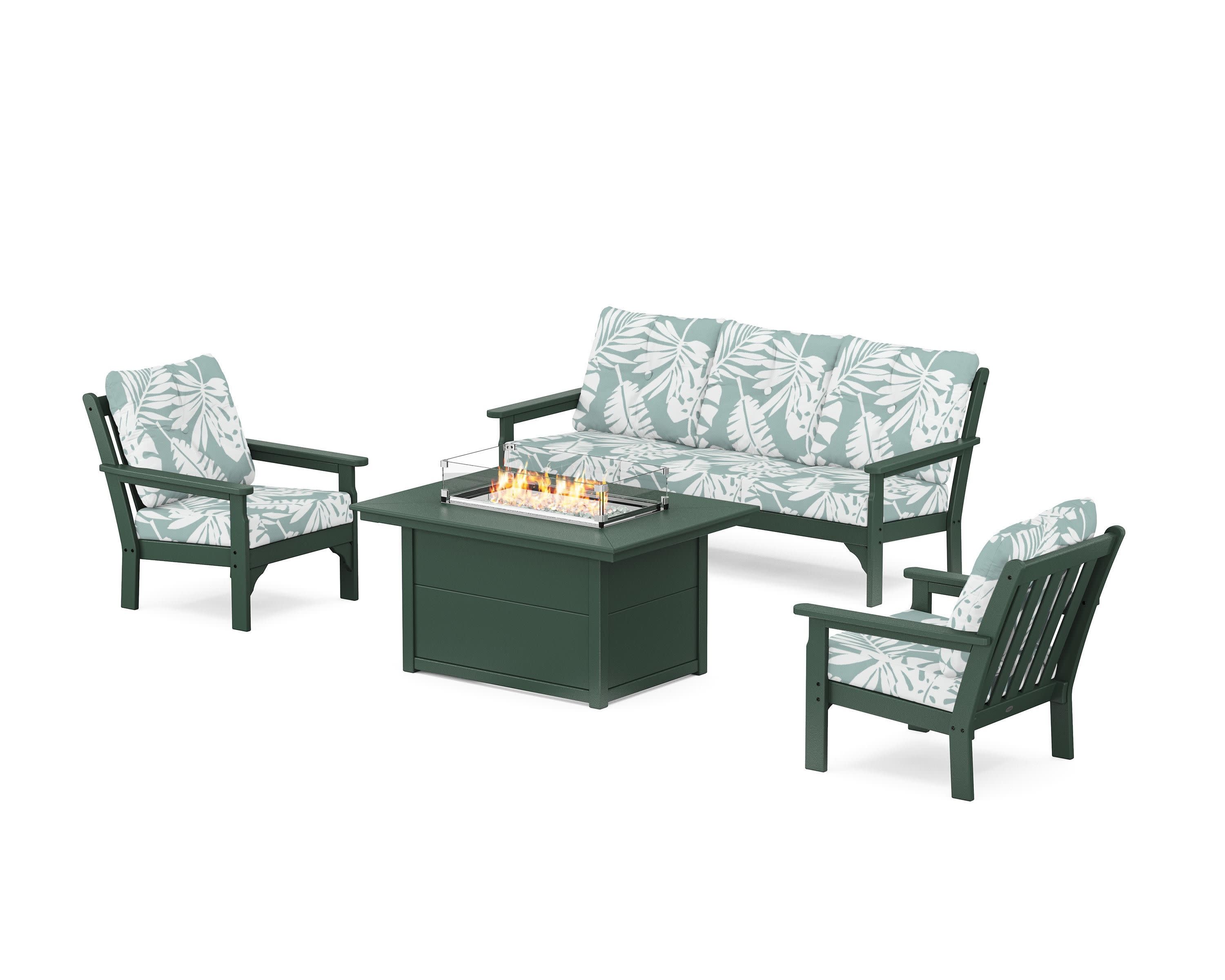 Vineyard Deep Seating Fire Pit Table Set in Green / Leaf Glacier Spa