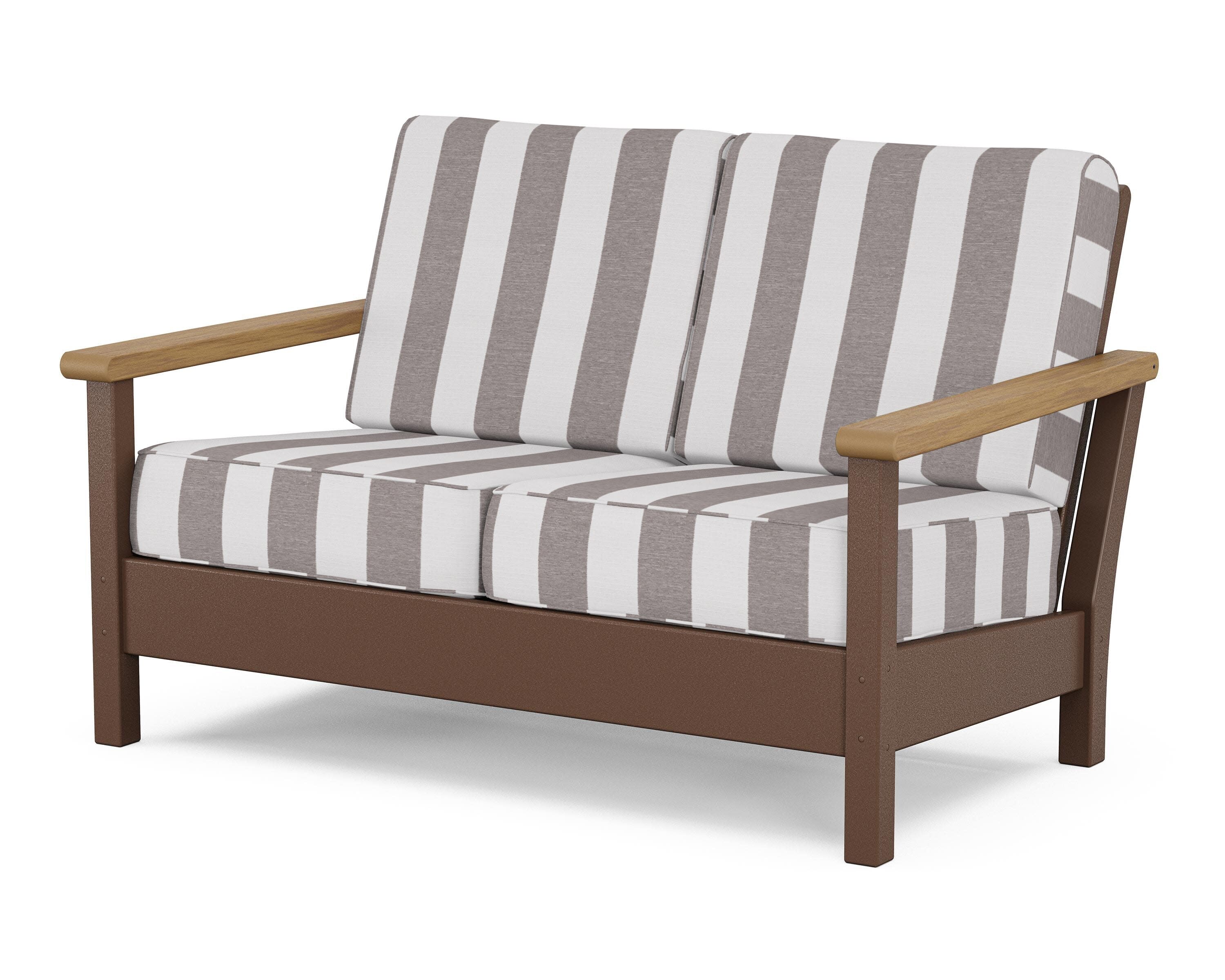 Harbour Deep Seating Loveseat in Mahogany / Natural / Cabana Stripe Grey Mist
