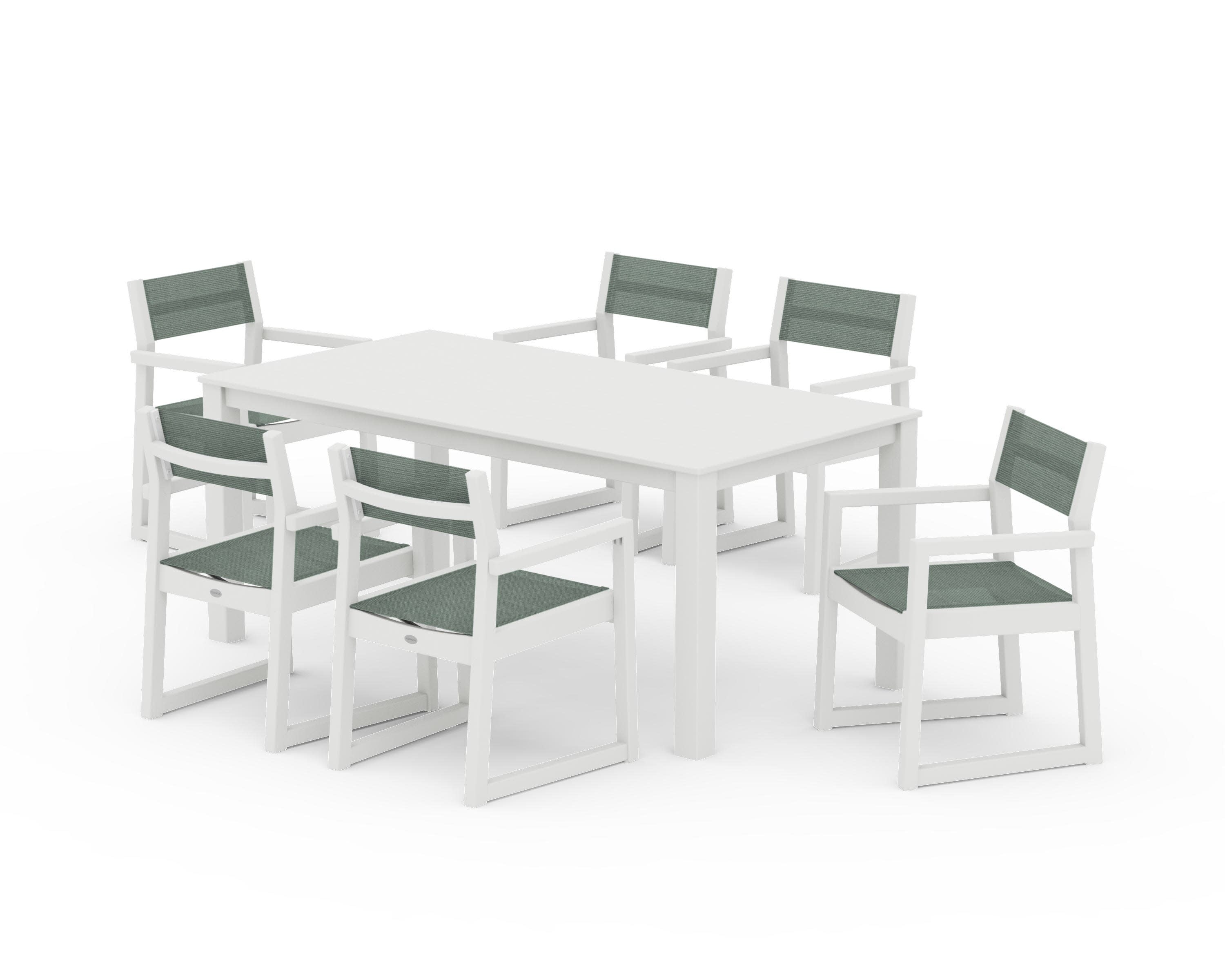 EDGE Sling Arm Chair 7-Piece Parsons Dining Set in Vintage White / Dupioni Sea Mist Sling