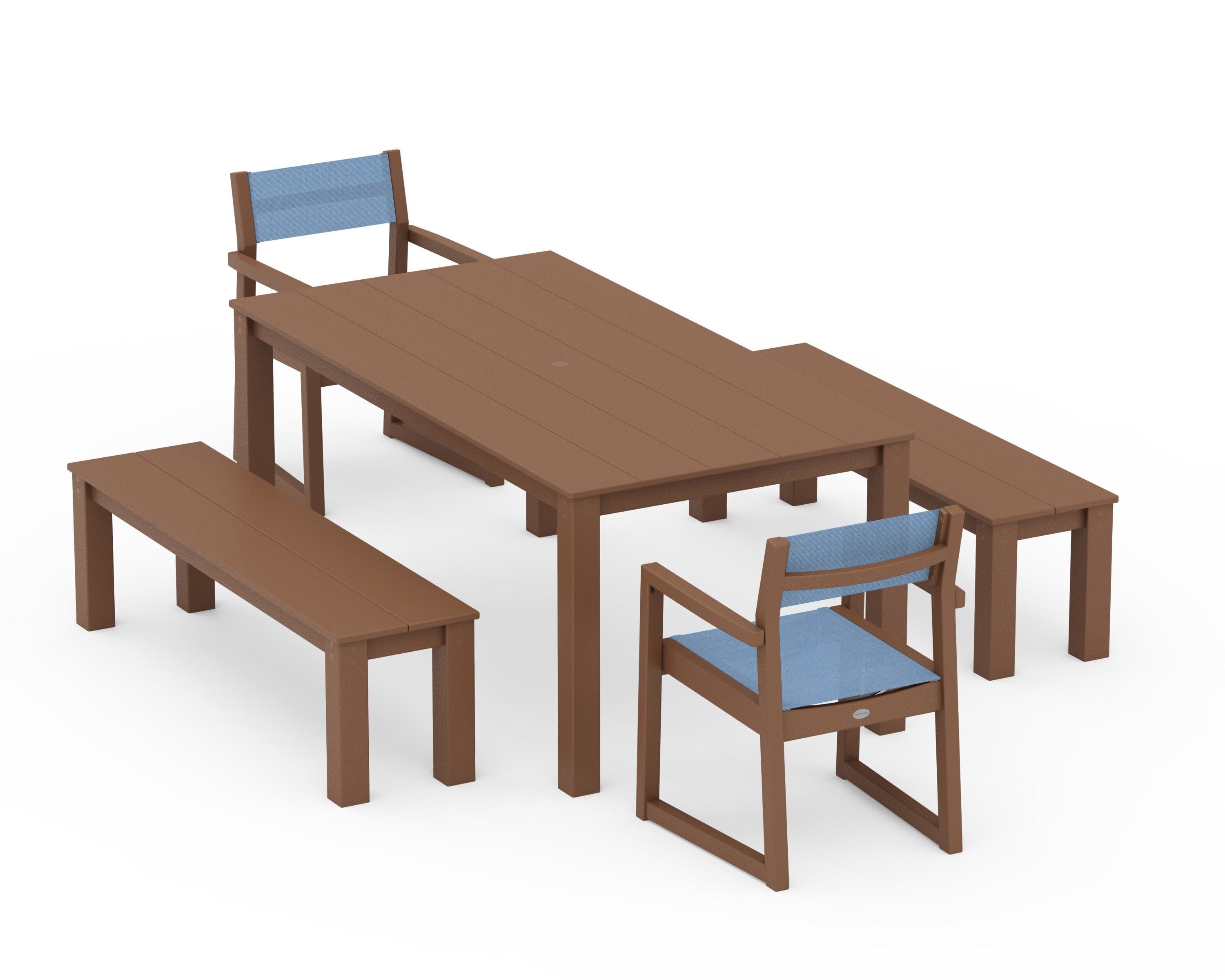 EDGE Sling Arm Chair 5-Piece Parsons Dining Set with Benches in Teak / Poolside Sling