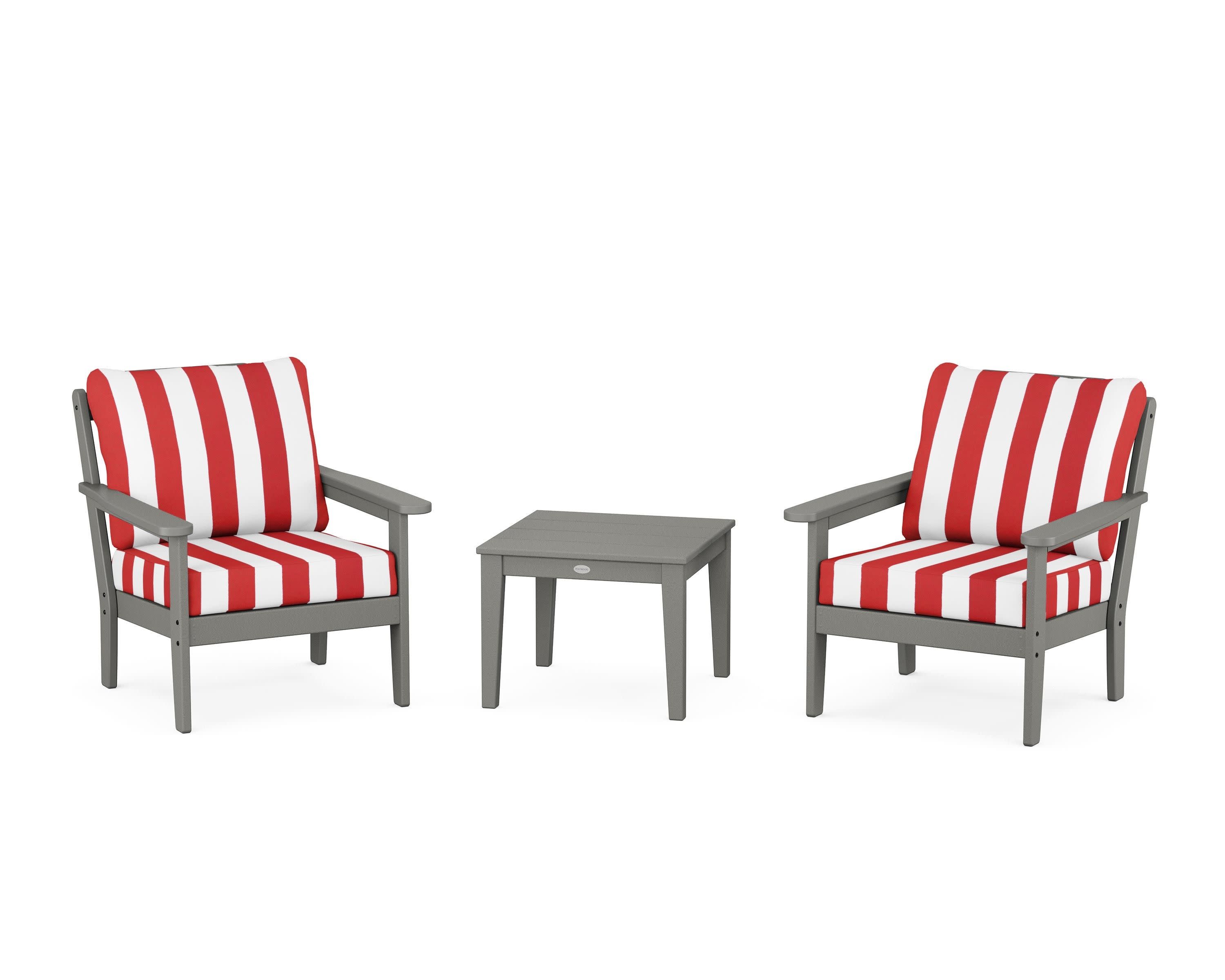 Cottage 3-Piece Deep Seating Set in Slate Grey / Cabana Stripe Crimson