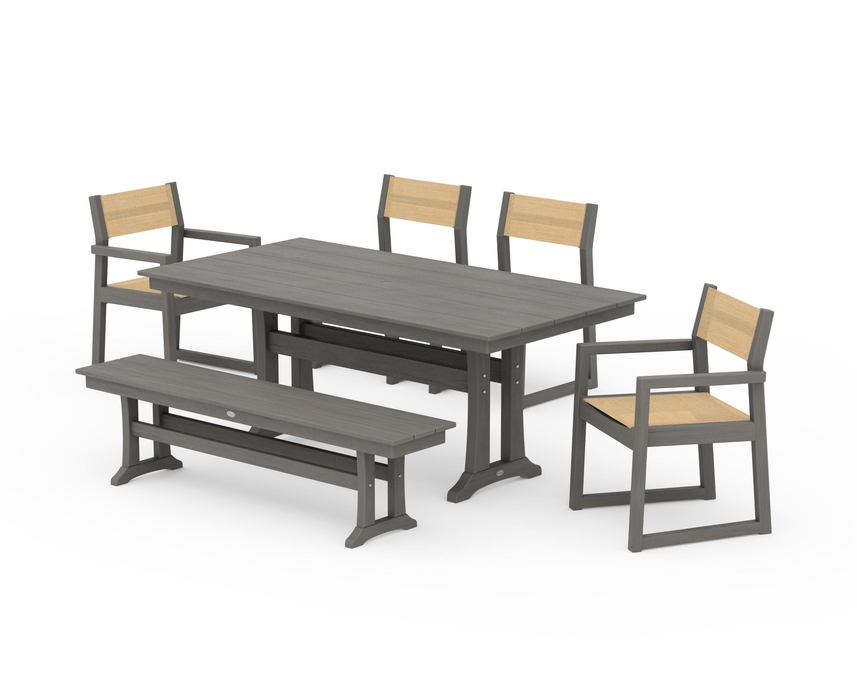 EDGE Sling 6-Piece Farmhouse Dining Set With Trestle Legs in Driftwood / Dupioni Apricot Sling