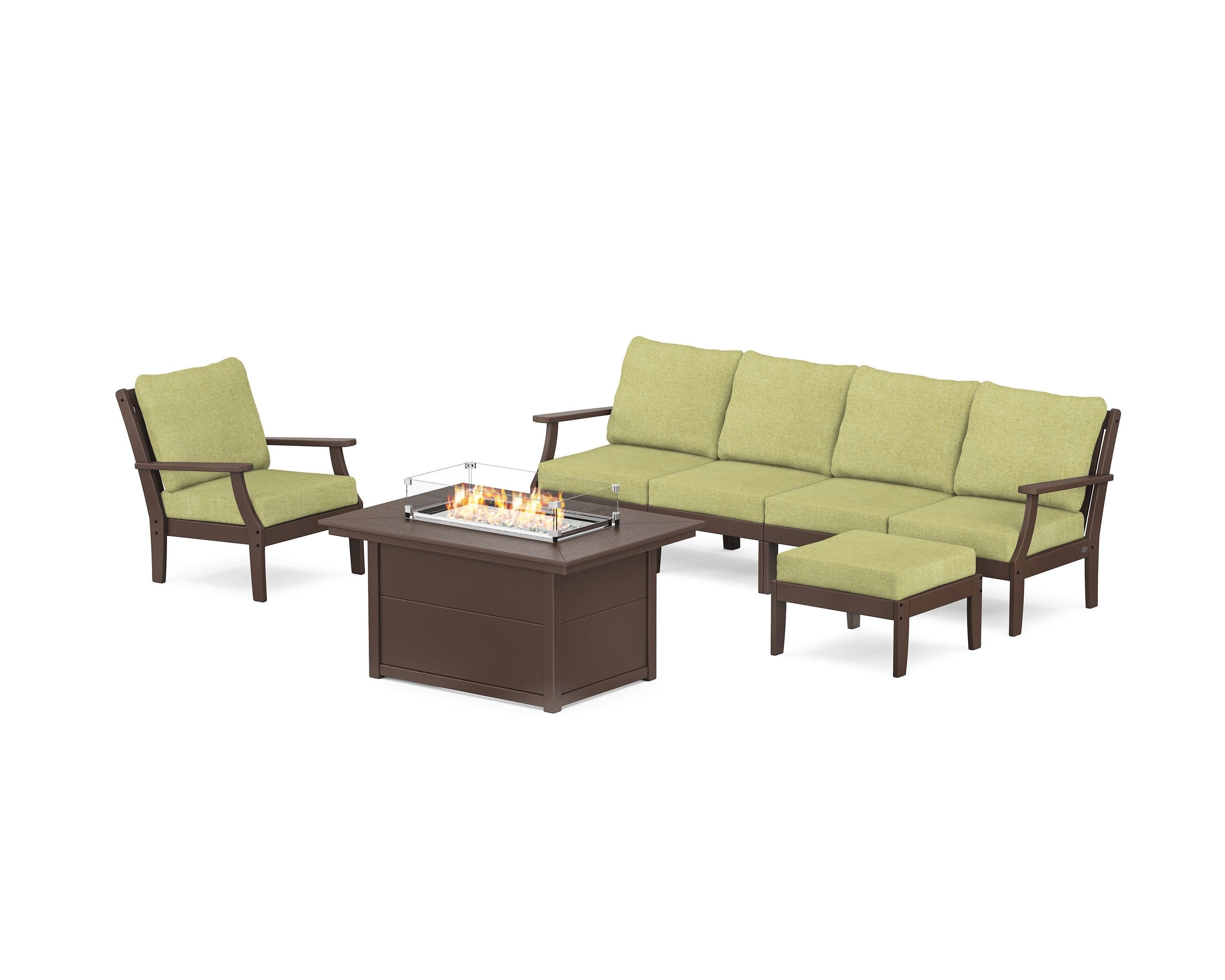 Braxton Sectional Lounge and Fire Pit Set in Mahogany / Chartreuse Boucle