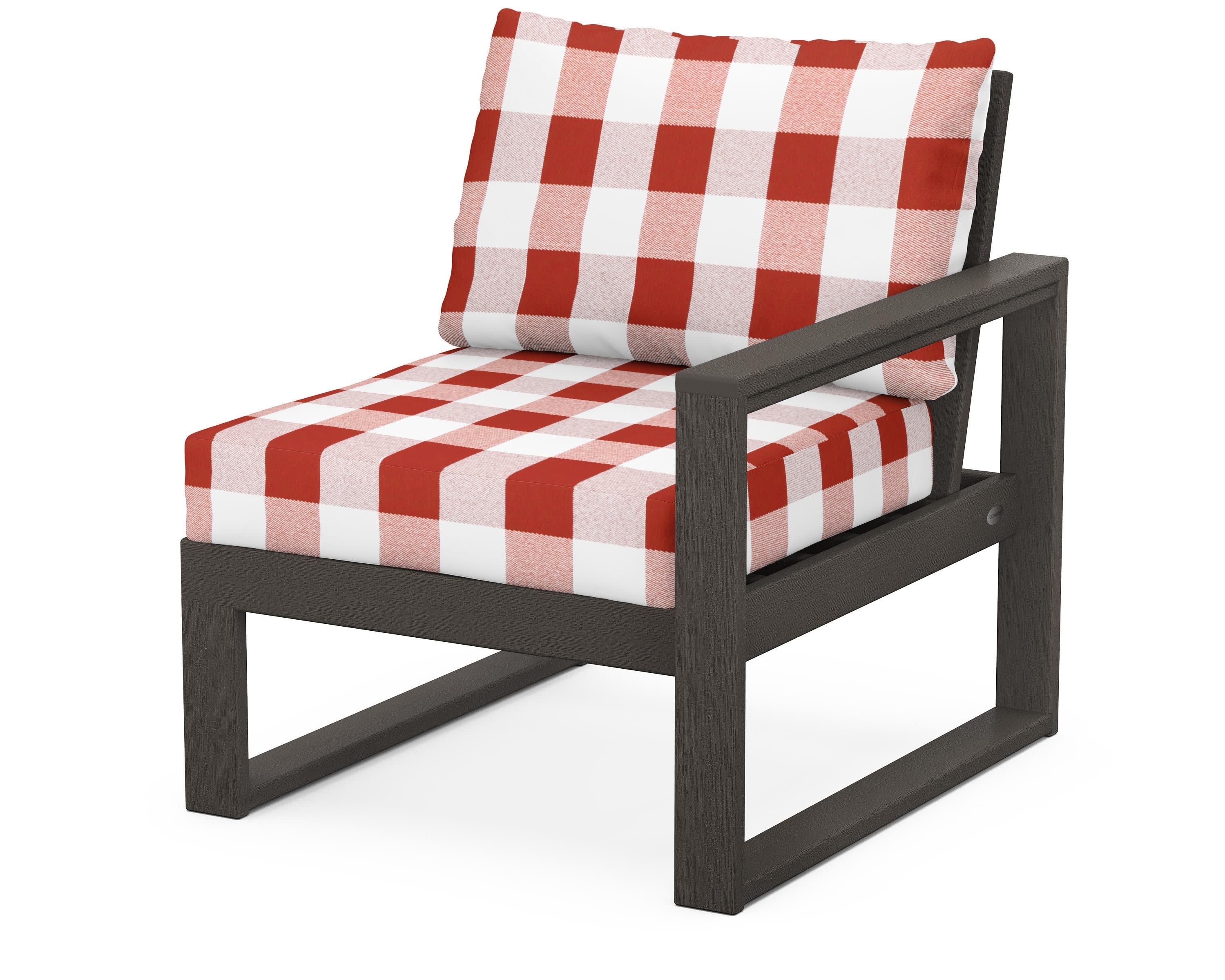 EDGE Modular Right Arm Chair in Vintage Coffee / Buffalo Plaid Crimson