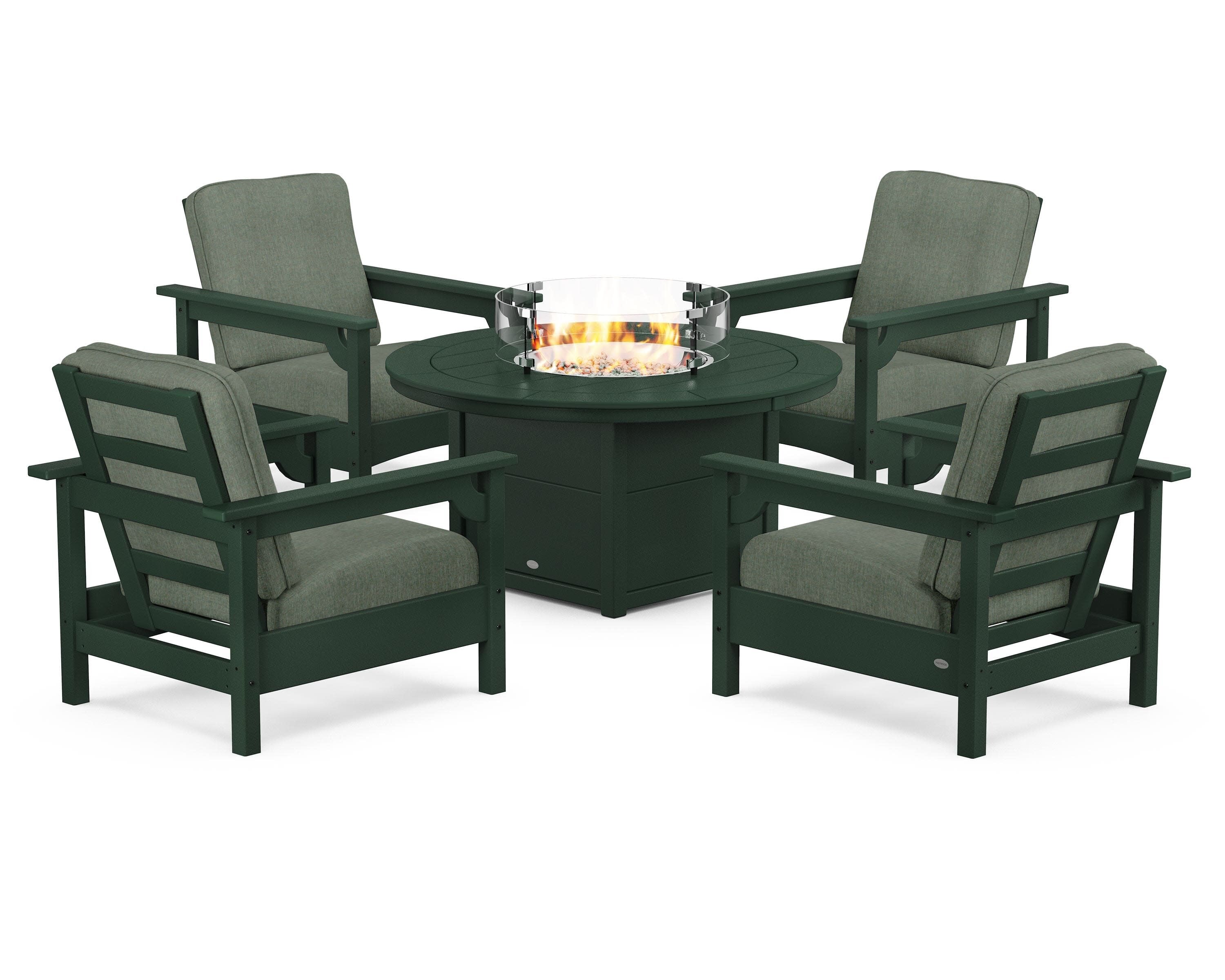 Club 5-Piece Conversation Set with Fire Pit Table in Green / Cast Sage