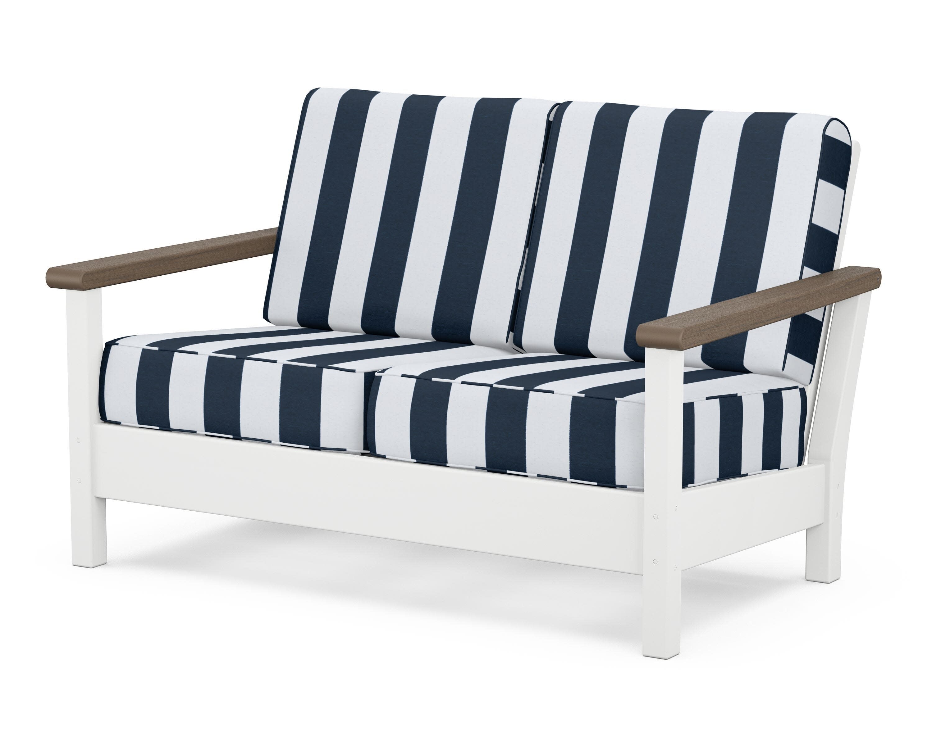 Harbour Deep Seating Loveseat in White / Kona / Cabana Stripe Marine Indigo