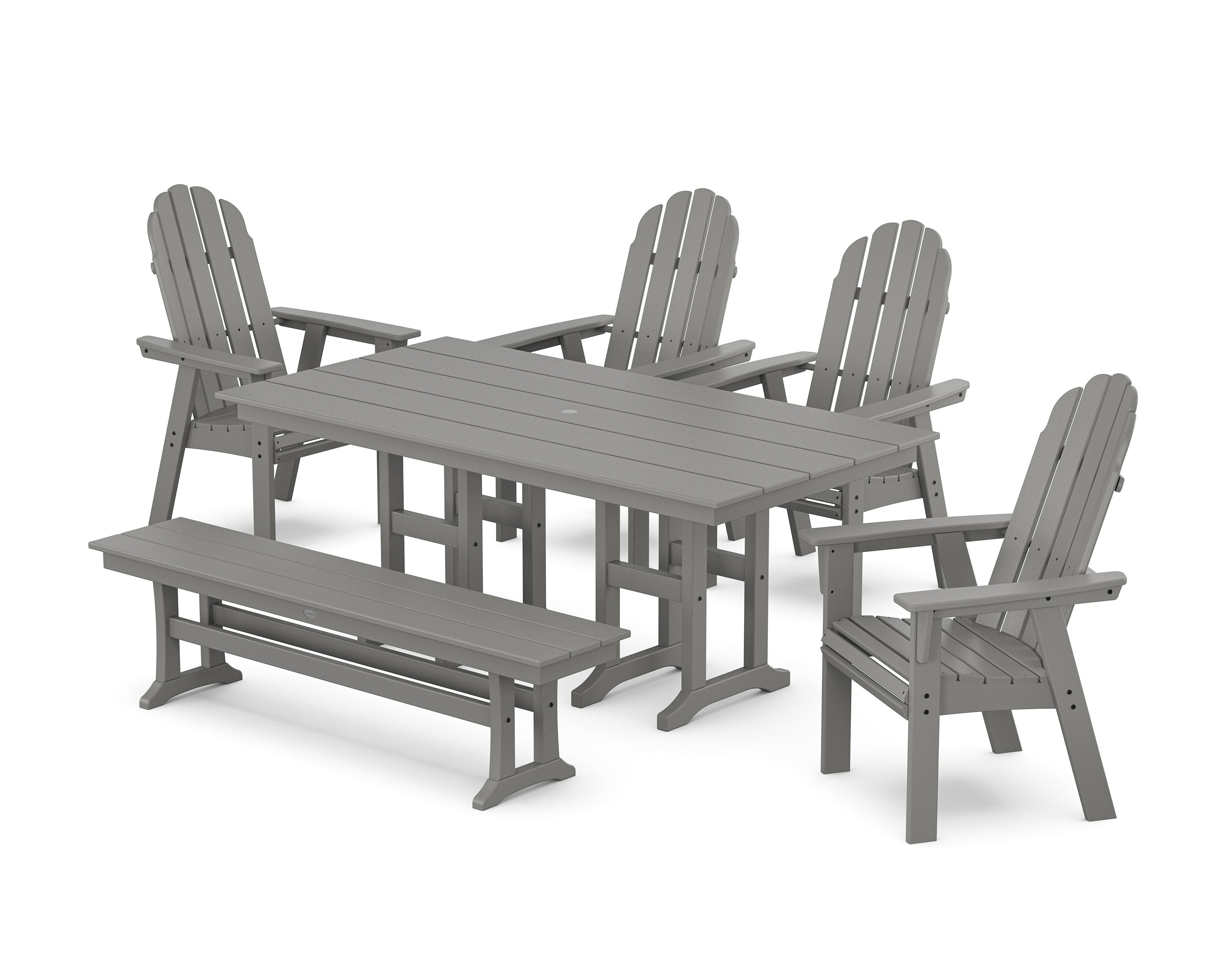 Vineyard Curveback Adirondack Chair 6-Piece Farmhouse Dining Set with Bench in Slate Grey