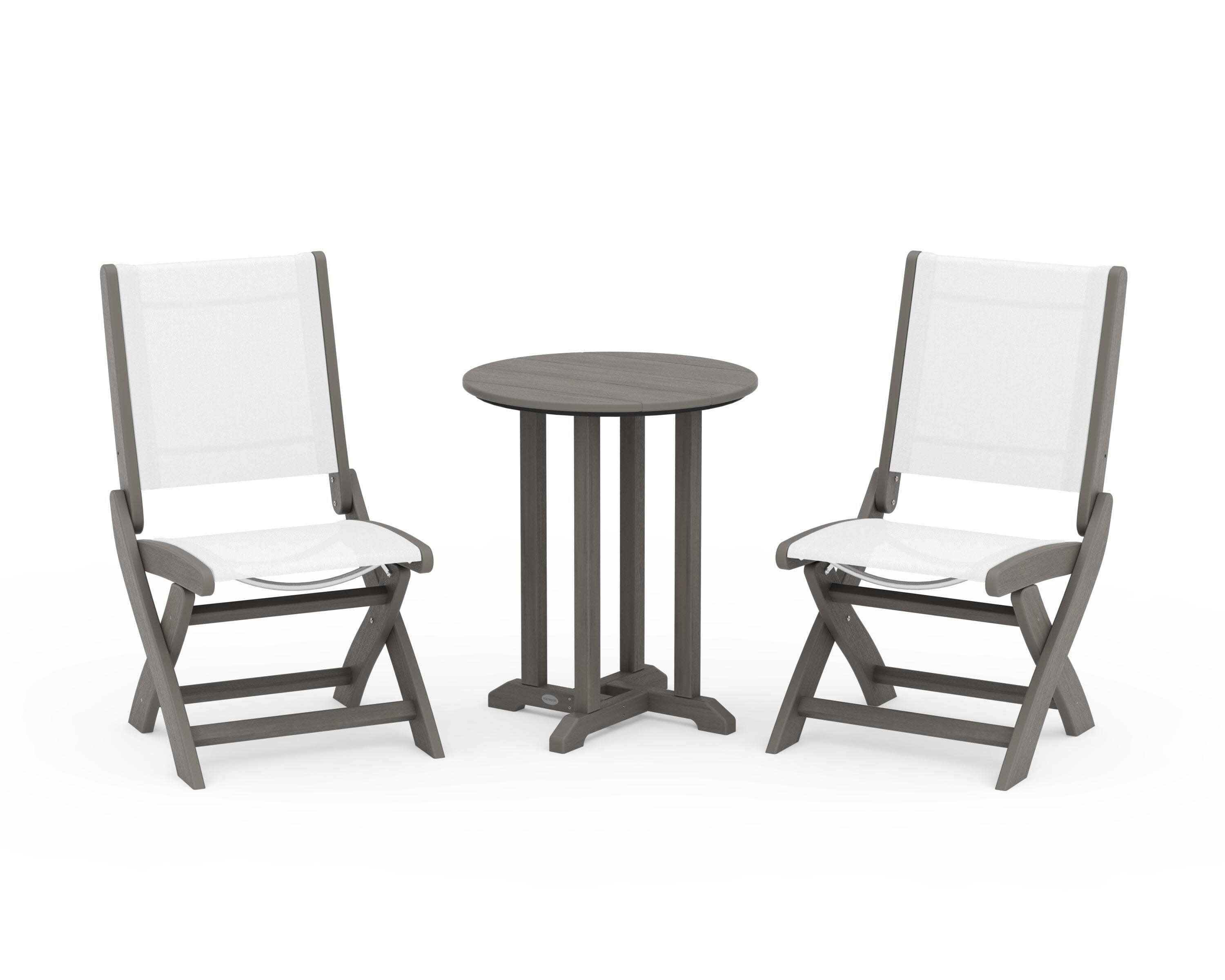 Coastal Folding Side Chair 3-Piece Round Bistro Dining Set in Driftwood / White Sling