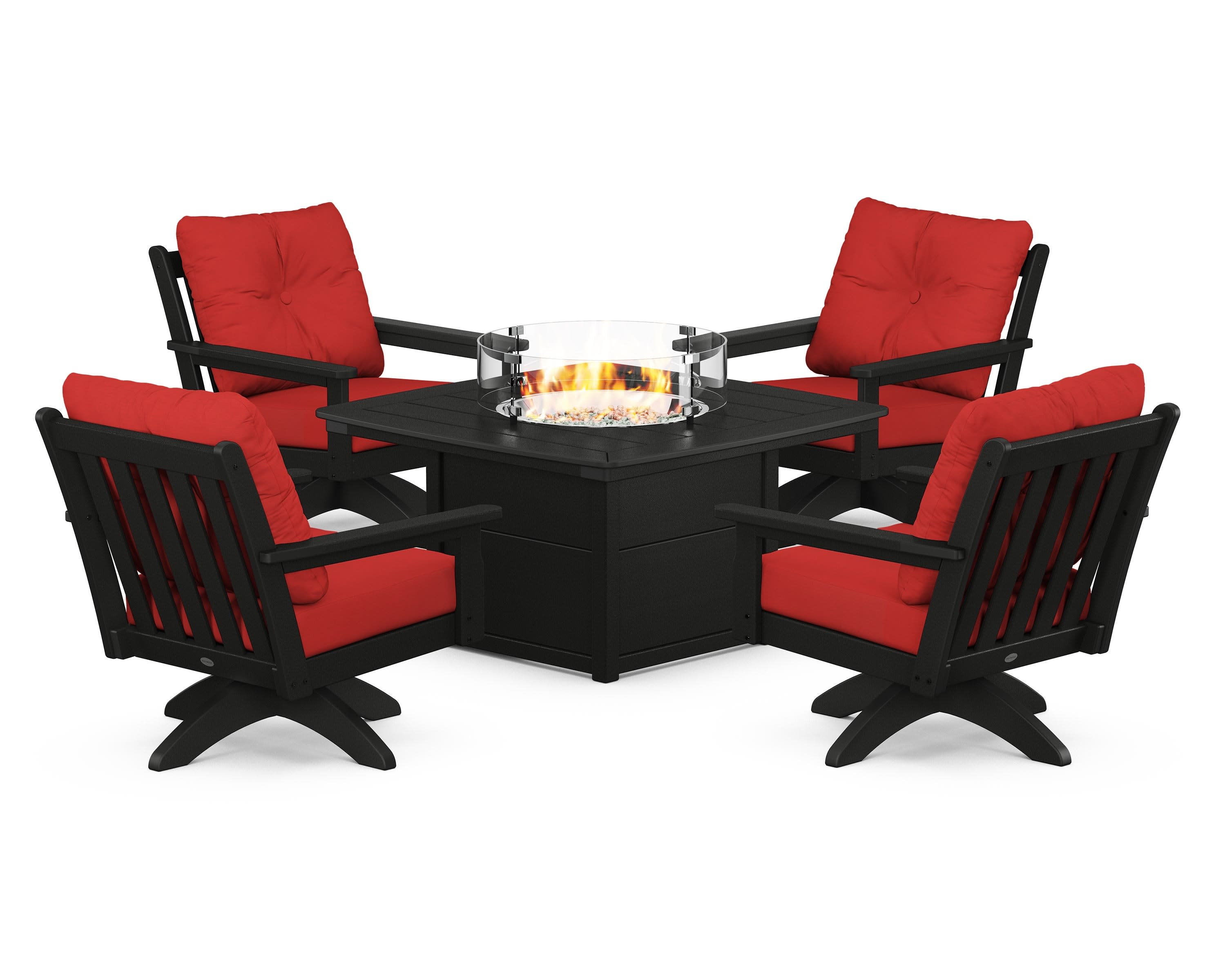 Vineyard 5-Piece Deep Seating Swivel Conversation Set with Fire Pit Table in Black / Crimson Linen