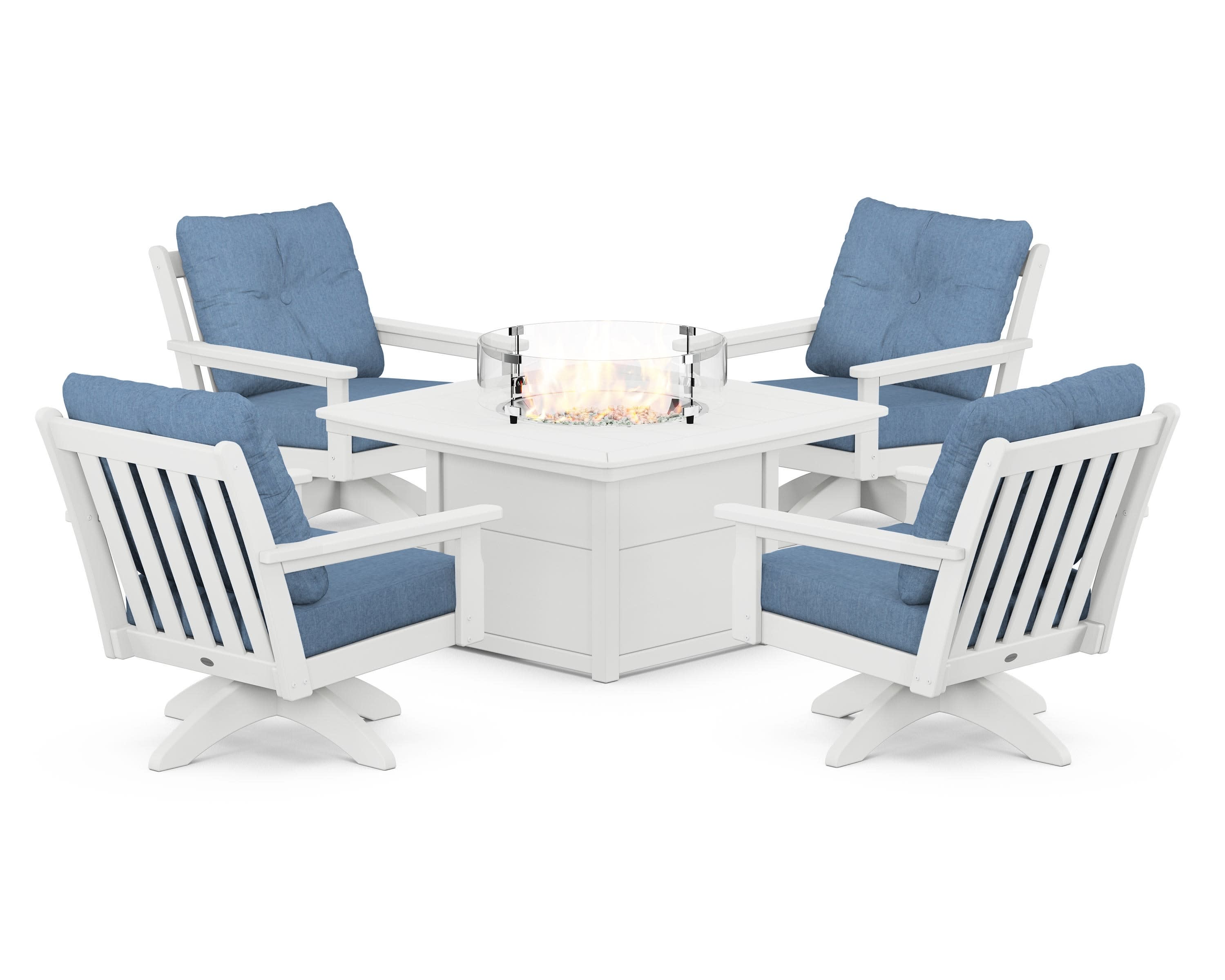 Vineyard 5-Piece Deep Seating Swivel Conversation Set with Fire Pit Table in White / Sky Blue
