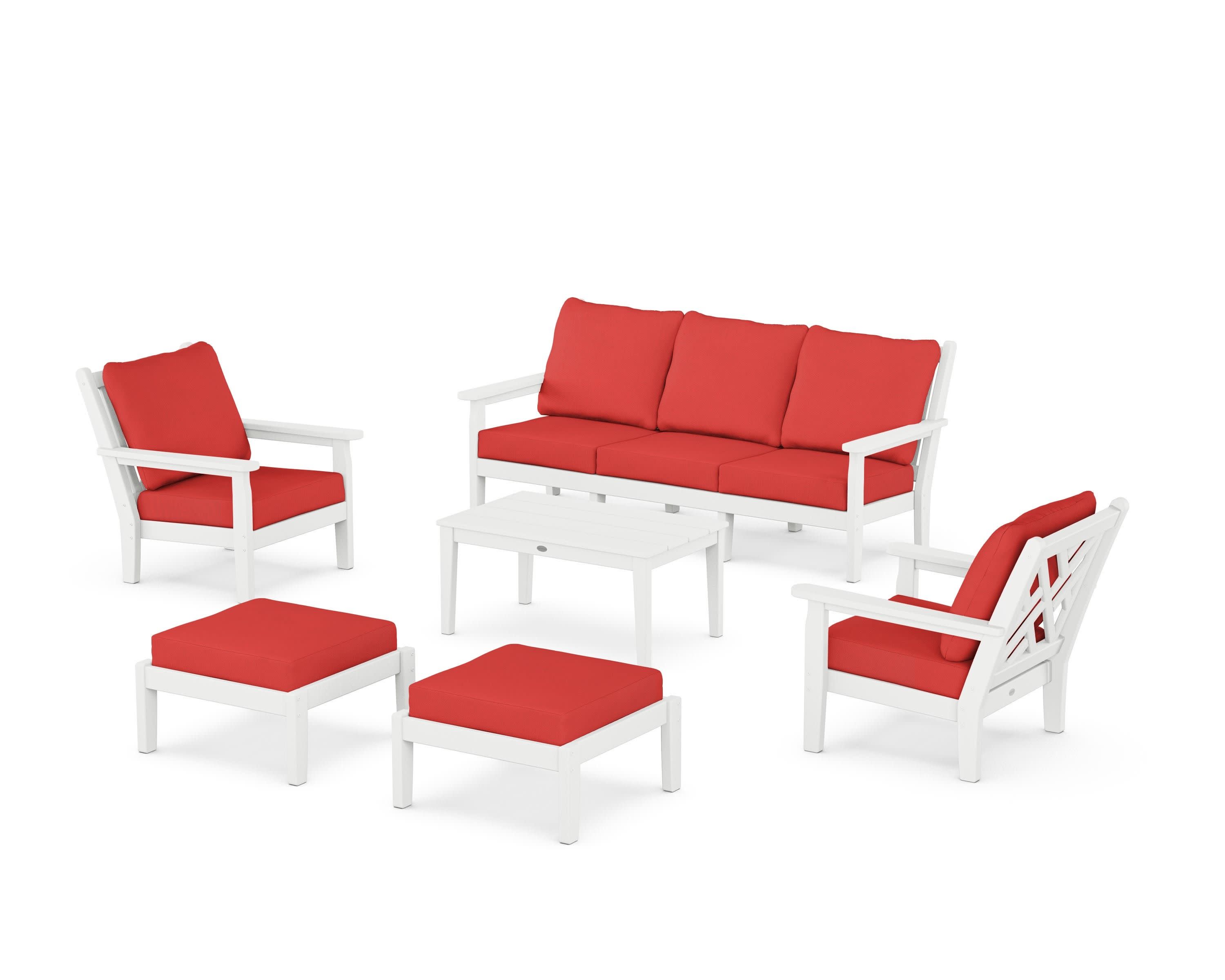 Chippendale 6-Piece Lounge Sofa Set in White / Crimson Linen