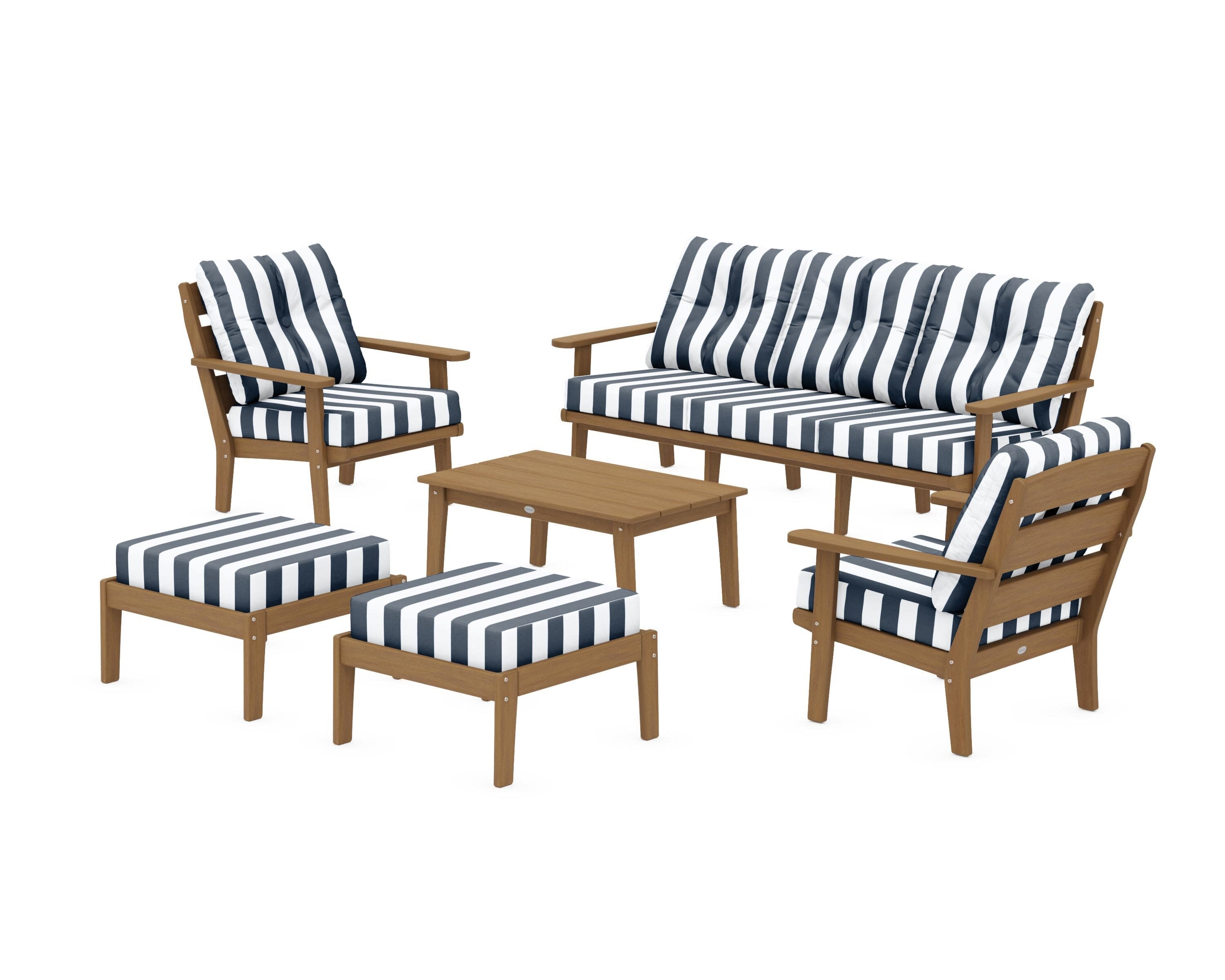 Lakeside 6-Piece Lounge Sofa Set in Natural / Cabana Stripe Marine Indigo