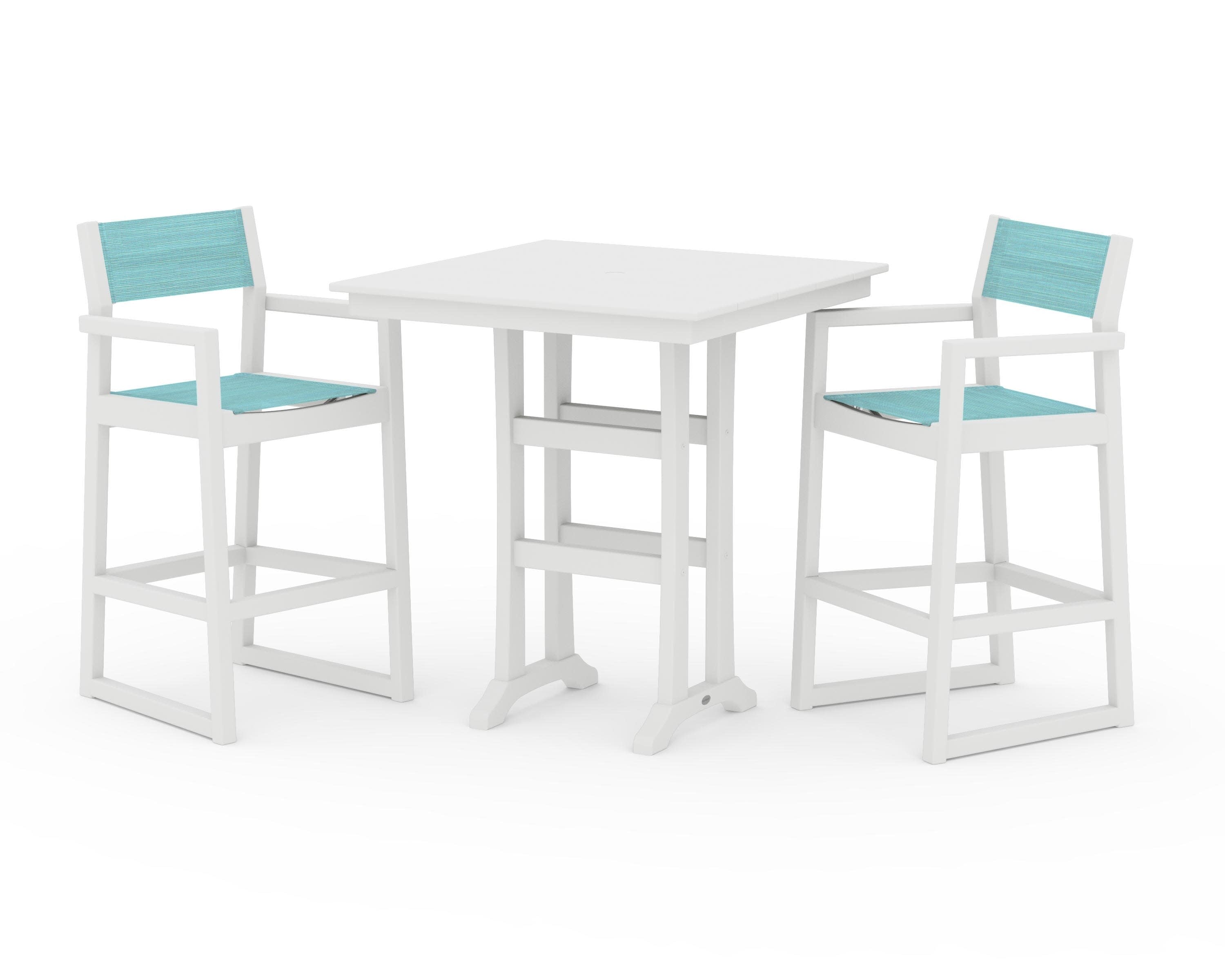 EDGE Sling Arm Chair 3-Piece Farmhouse Bar Set with Trestle Legs in White / Dupioni Aquamarine Sling