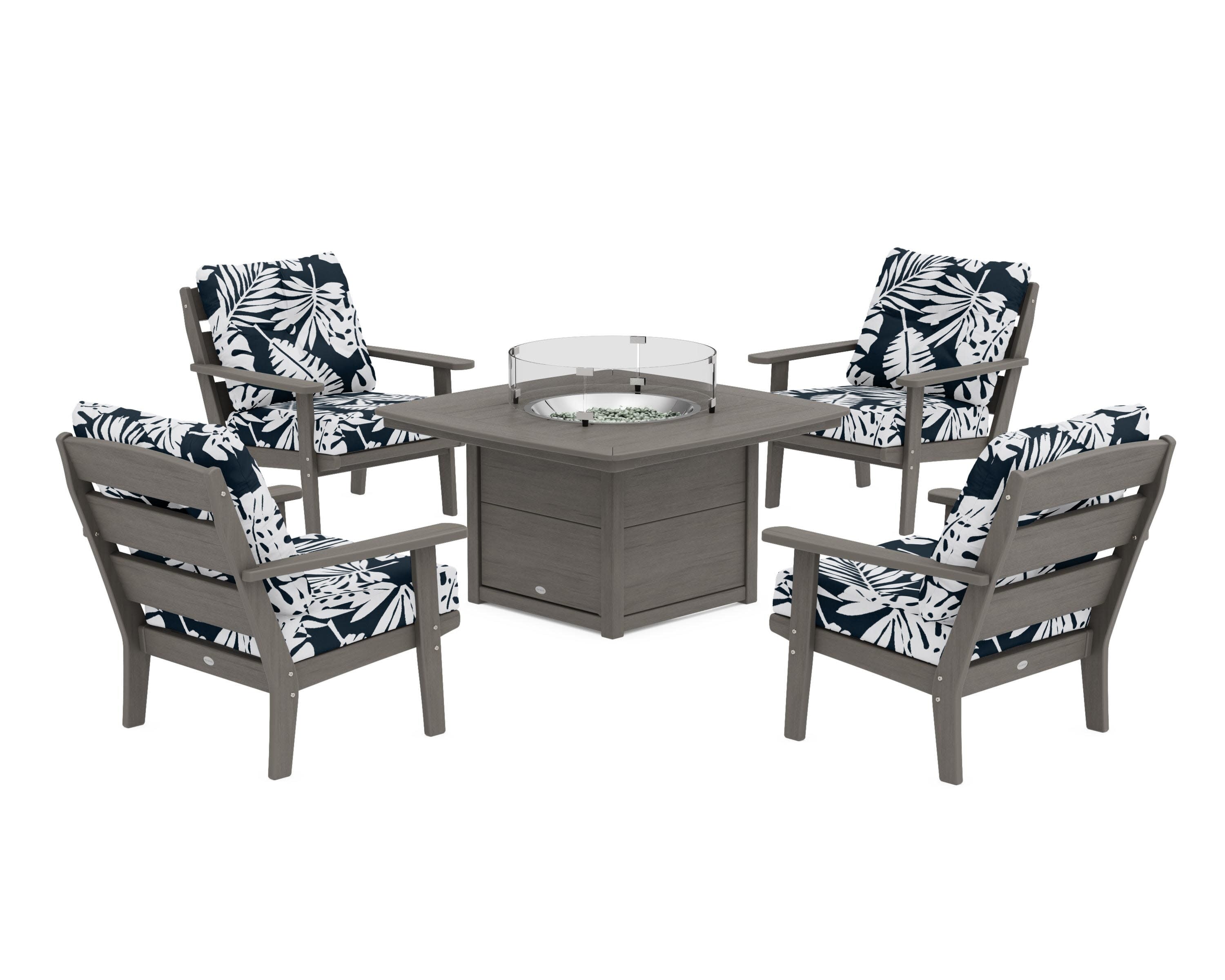 Lakeside 5-Piece Deep Seating Set with Nautical Fire Pit Table in Driftwood / Leaf Marine Indigo