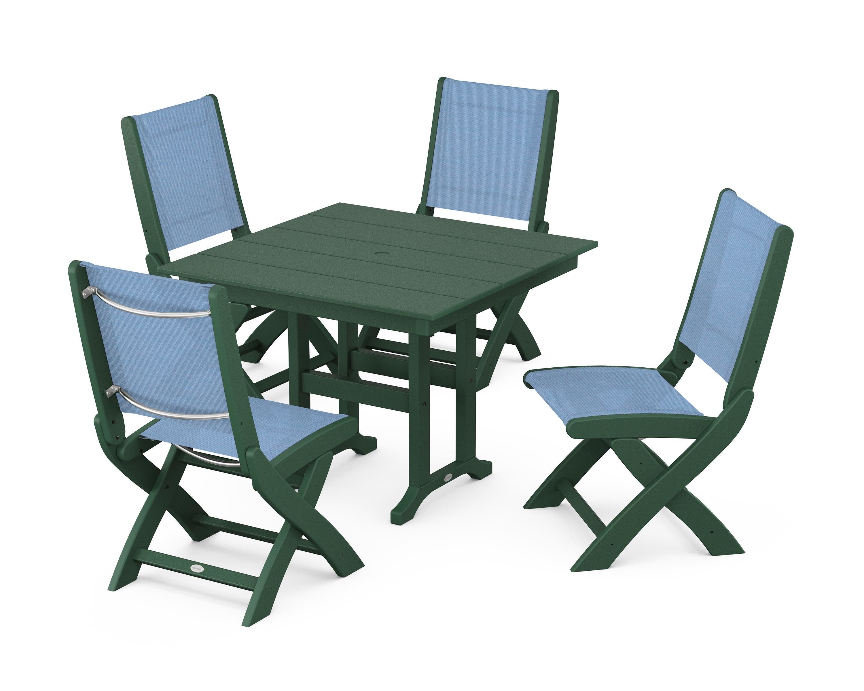 Coastal Folding Side Chair 5-Piece Farmhouse Dining Set in Green / Poolside Sling