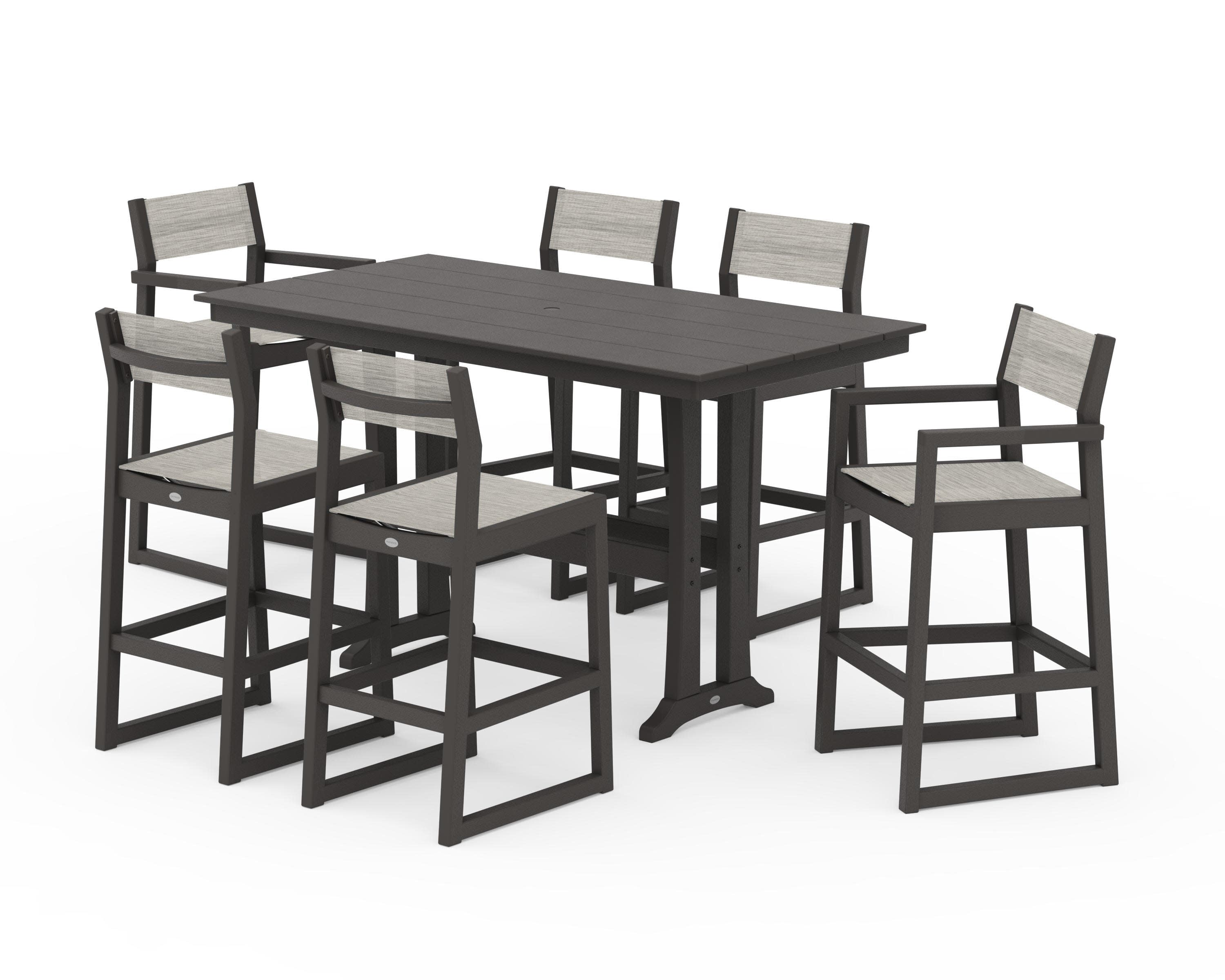 EDGE Sling 7-Piece Farmhouse Bar Set with Trestle Legs in Vintage Coffee / Birch Sling