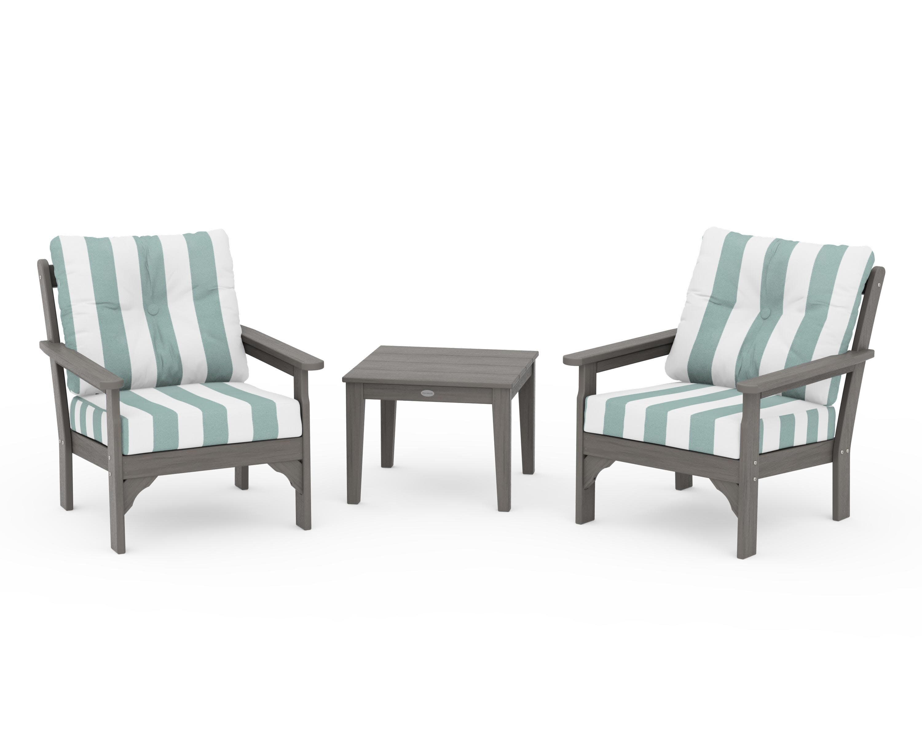 Vineyard 3-Piece Deep Seating Set in Driftwood / Cabana Stripe Glacier Spa