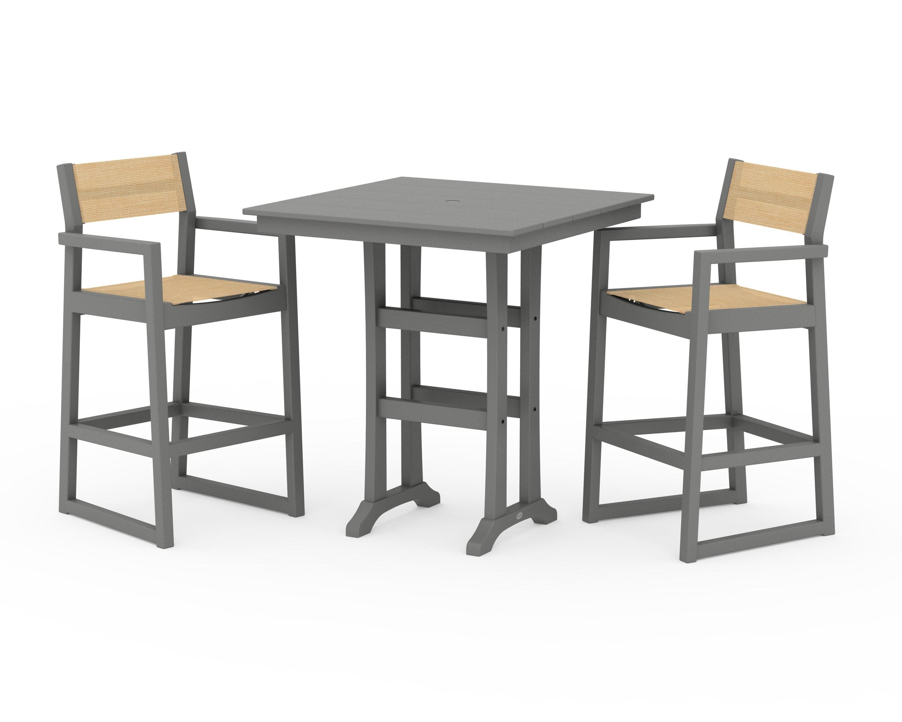 EDGE Sling Arm Chair 3-Piece Farmhouse Bar Set with Trestle Legs in Slate Grey / Dupioni Apricot Sling