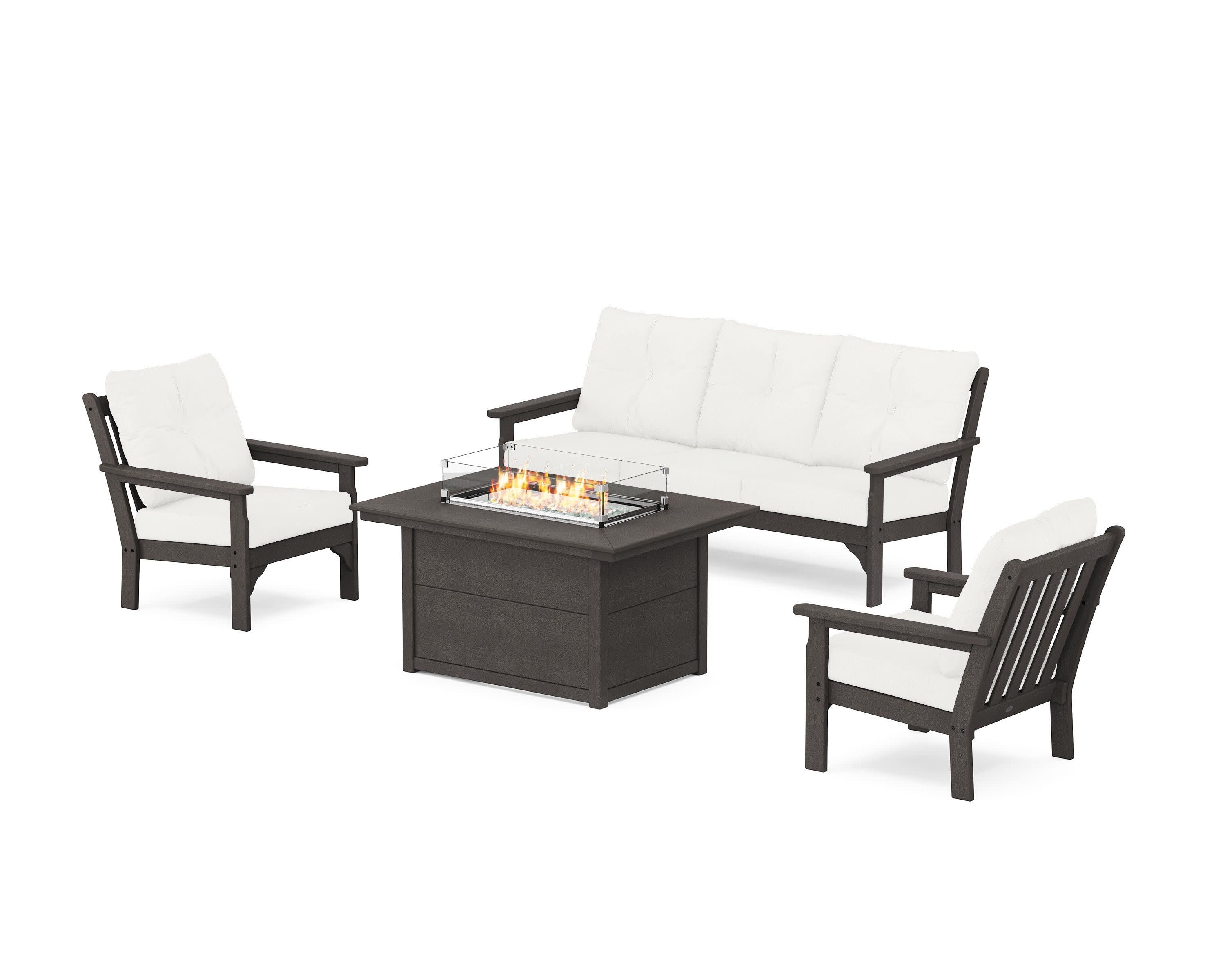Vineyard Deep Seating Fire Pit Table Set in Vintage Coffee / Natural Linen